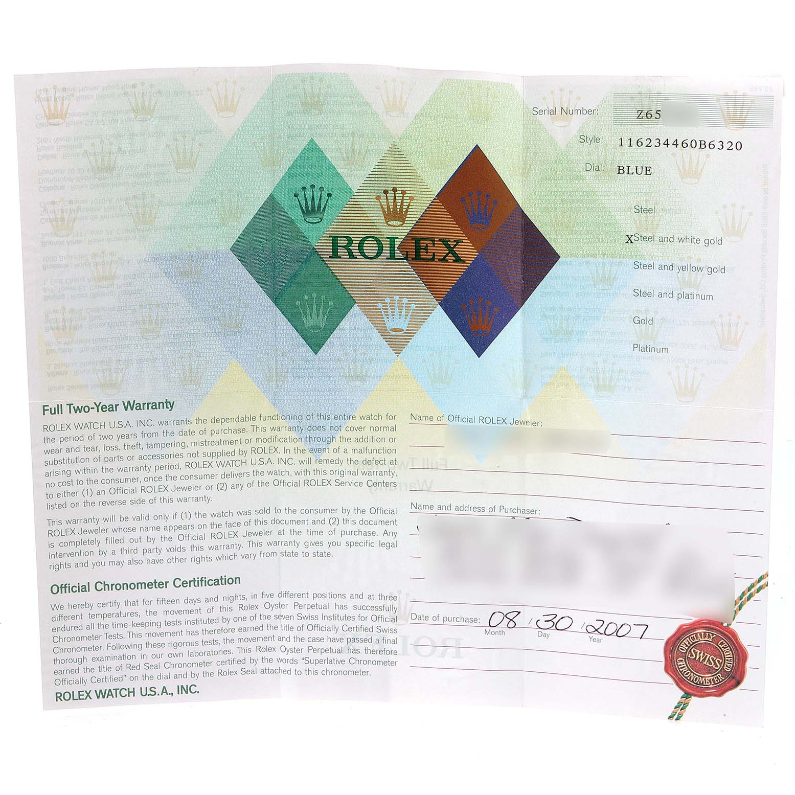 The image shows the warranty and certification documents for a Rolex Datejust 116234 Men's Stainless Steel Blue Dial 116234 Men's Stainless Steel Blue Dial model watch.