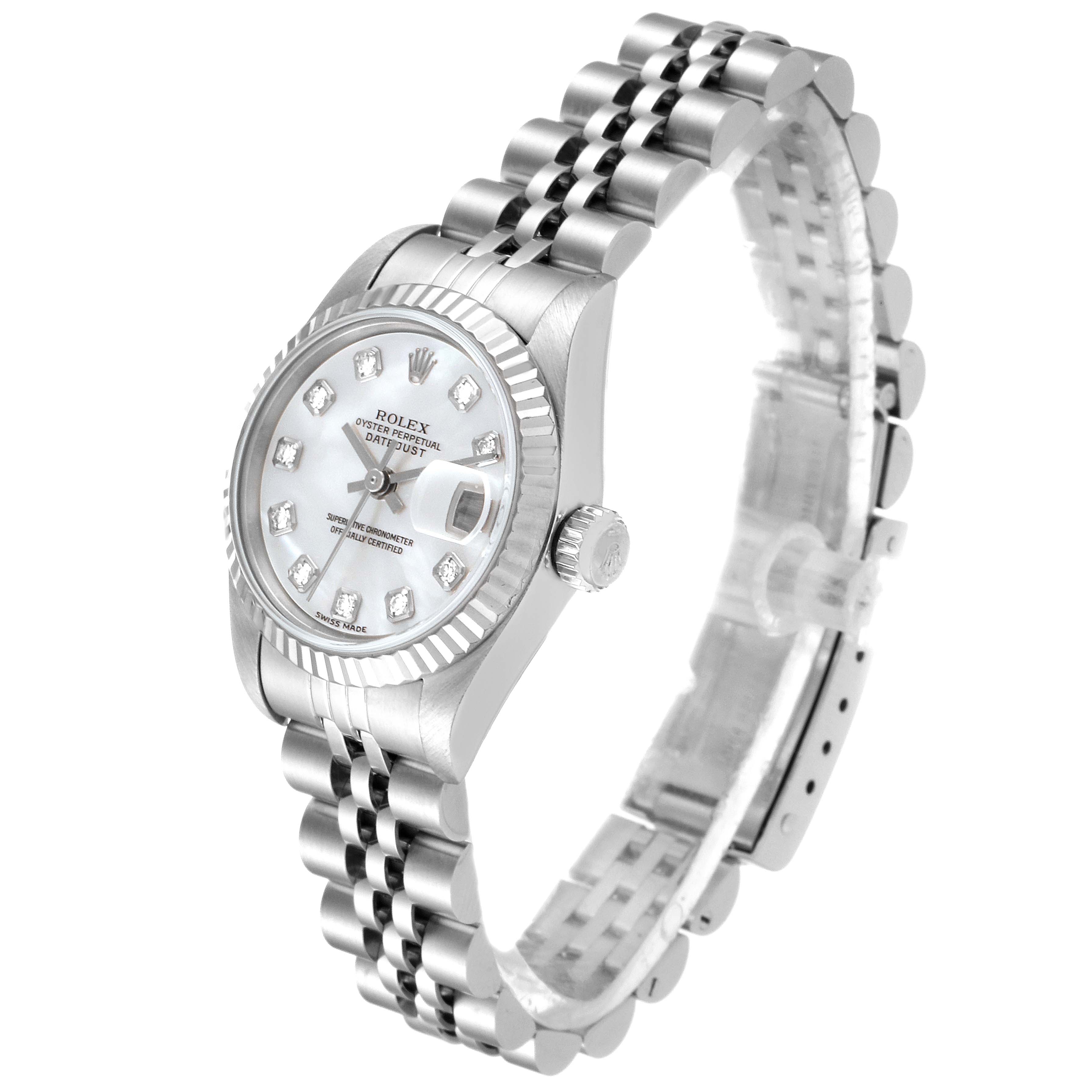 The Rolex Datejust 69174 Women's Stainless Steel Mother of Pearl Dial 69174 Women's Stainless Steel Mother of Pearl Dial watch is shown at a slight angle, displaying its dial, bezel, crown, and bracelet.