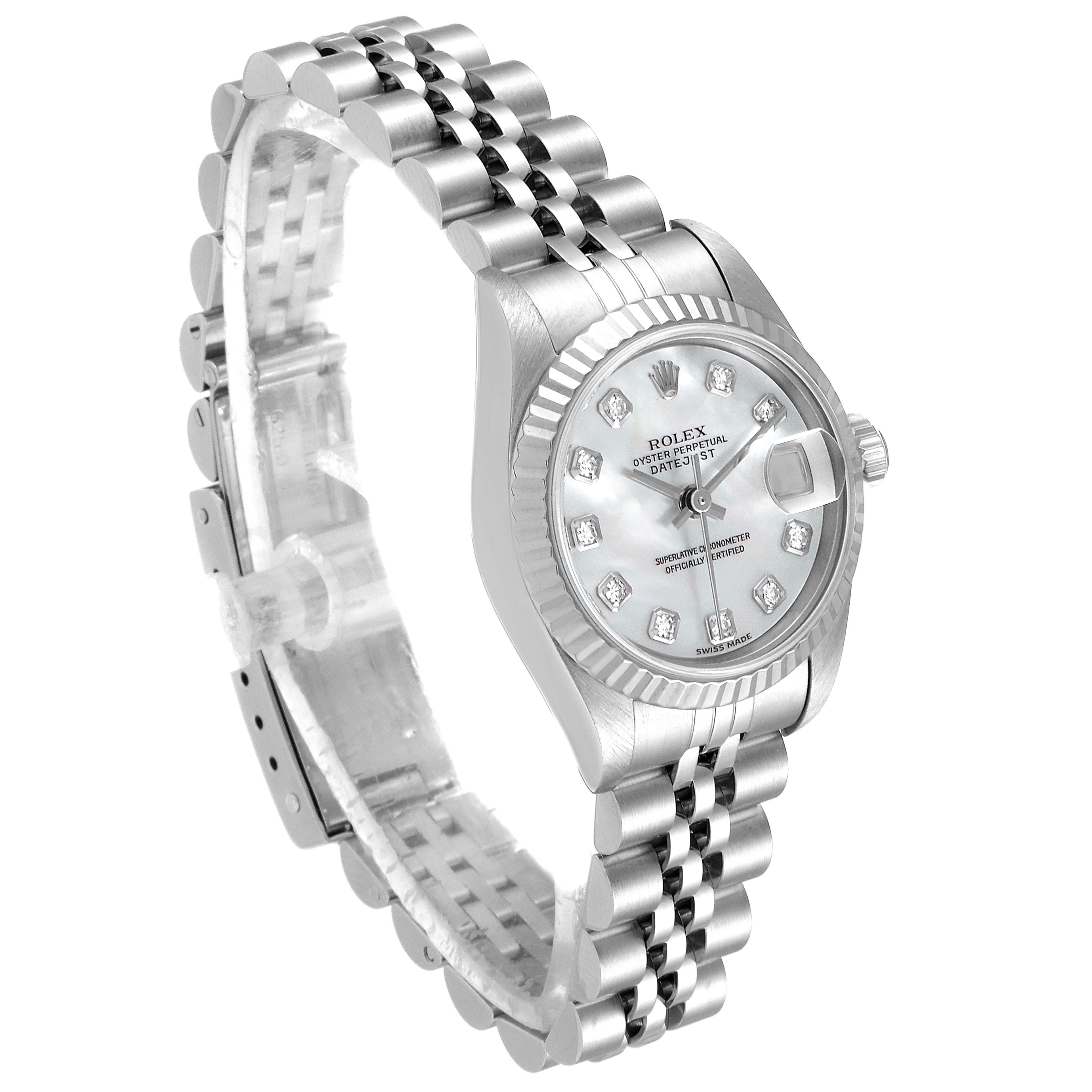 The image shows a Rolex Datejust 69174 Women's Stainless Steel Mother of Pearl Dial 69174 Women's Stainless Steel Mother of Pearl Dial watch angled to display the face, bezel, and bracelet bands prominently.