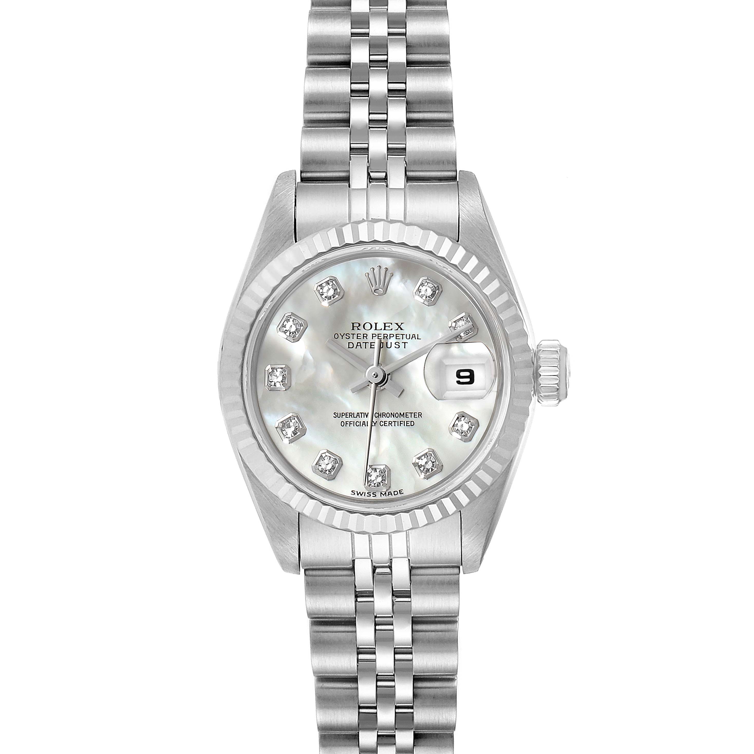 This is a front view of the Rolex Datejust 69174 Women's Stainless Steel Mother of Pearl Dial 69174 Women's Stainless Steel Mother of Pearl Dial watch, showing the face, bezel, crown, and bracelet.
