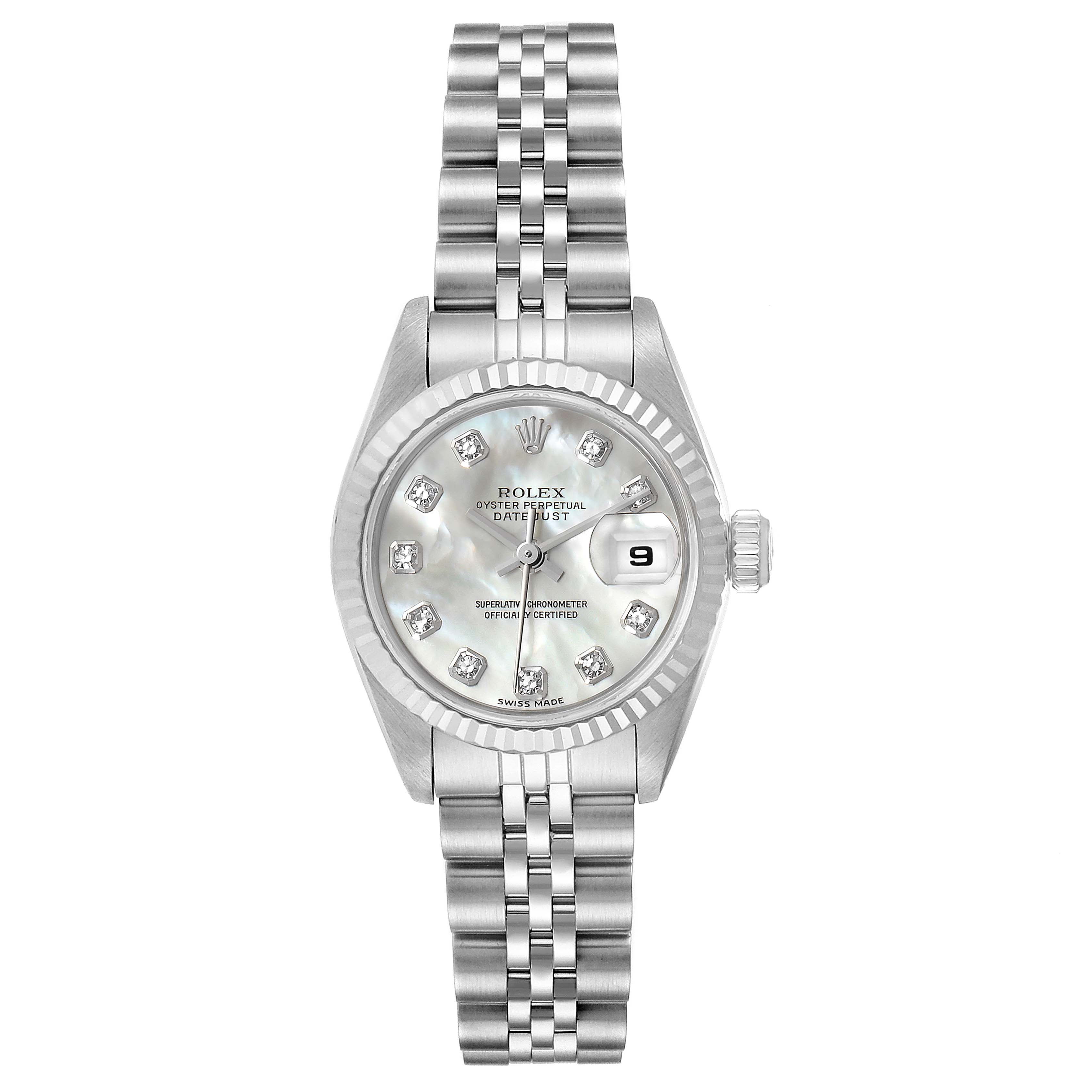 The image shows a front view of a Rolex Datejust 69174 Women's Stainless Steel Mother of Pearl Dial 69174 Women's Stainless Steel Mother of Pearl Dial watch, highlighting its dial, bezel, crown, and bracelet.