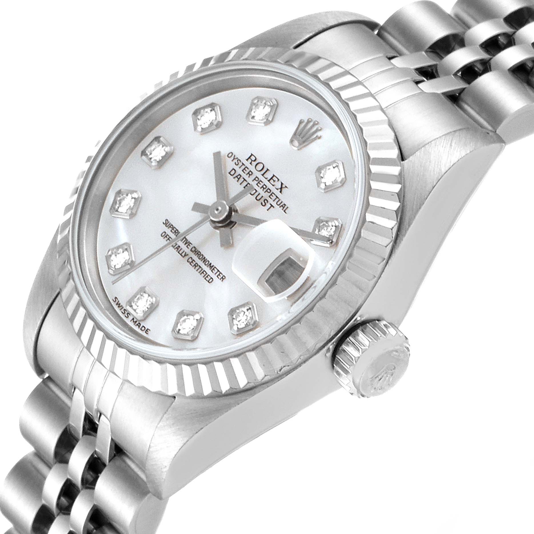 The angle shows the Rolex Datejust 69174 Women's Stainless Steel Mother of Pearl Dial 69174 Women's Stainless Steel Mother of Pearl Dial watch at a tilted close-up, highlighting the face, bezel, crown, and part of the bracelet.