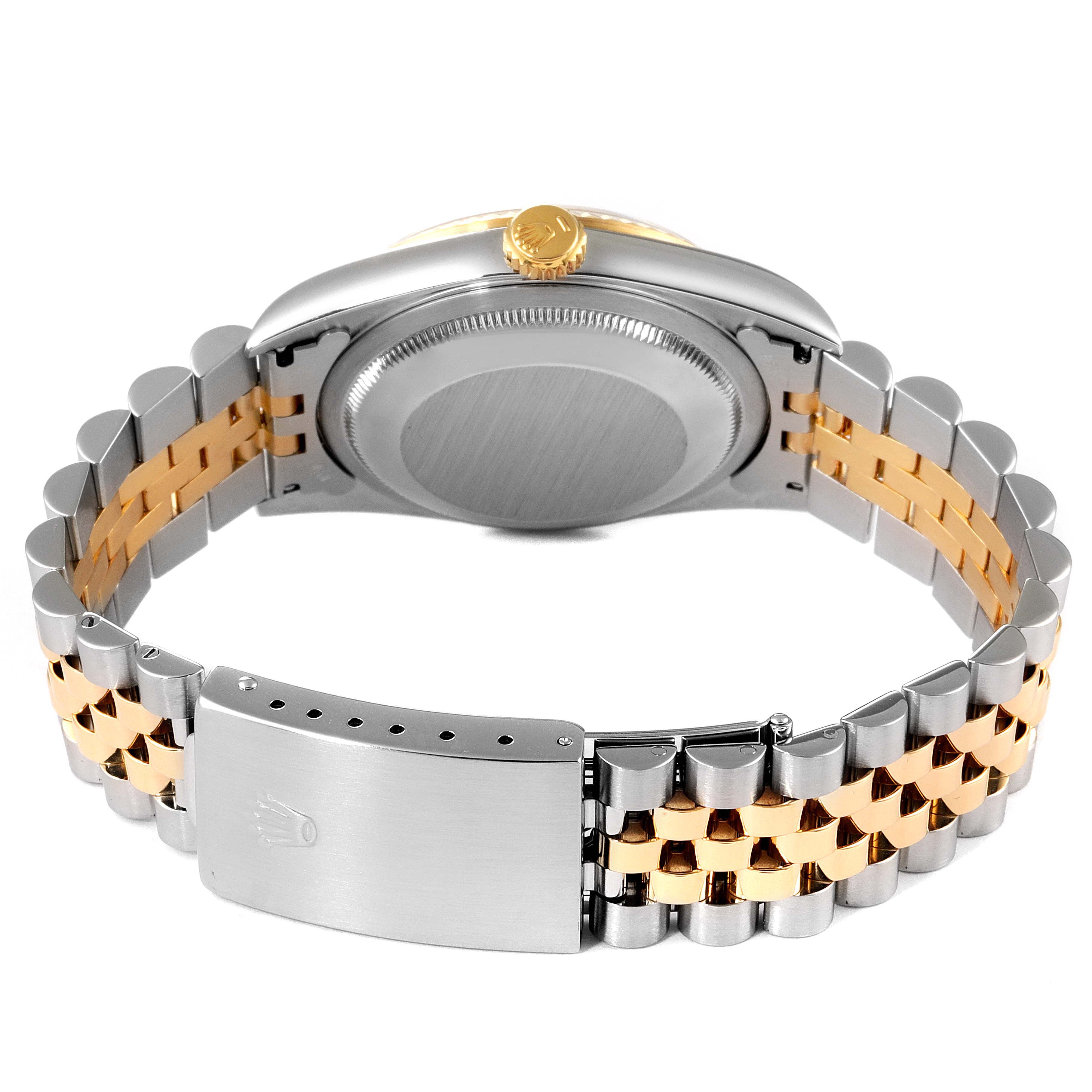 The Rolex Datejust 16233 Men's Steel and Gold (two tone) Black Dial 16233 Men's Steel and Gold (two tone) Black Dial watch is shown from the back, highlighting the case back and the two-tone metal bracelet and clasp.