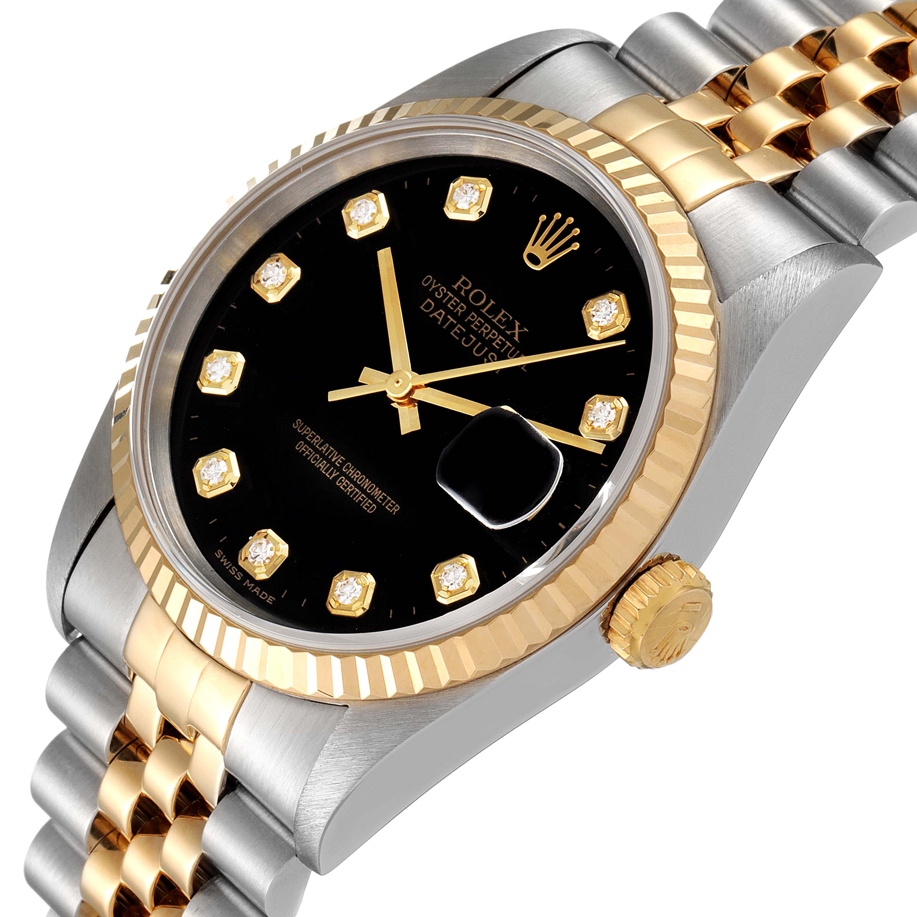 The Rolex Datejust 16233 Men's Steel and Gold (two tone) Black Dial 16233 Men's Steel and Gold (two tone) Black Dial watch is shown at an angled view, highlighting its black dial, diamond markers, fluted bezel, and two-tone bracelet.