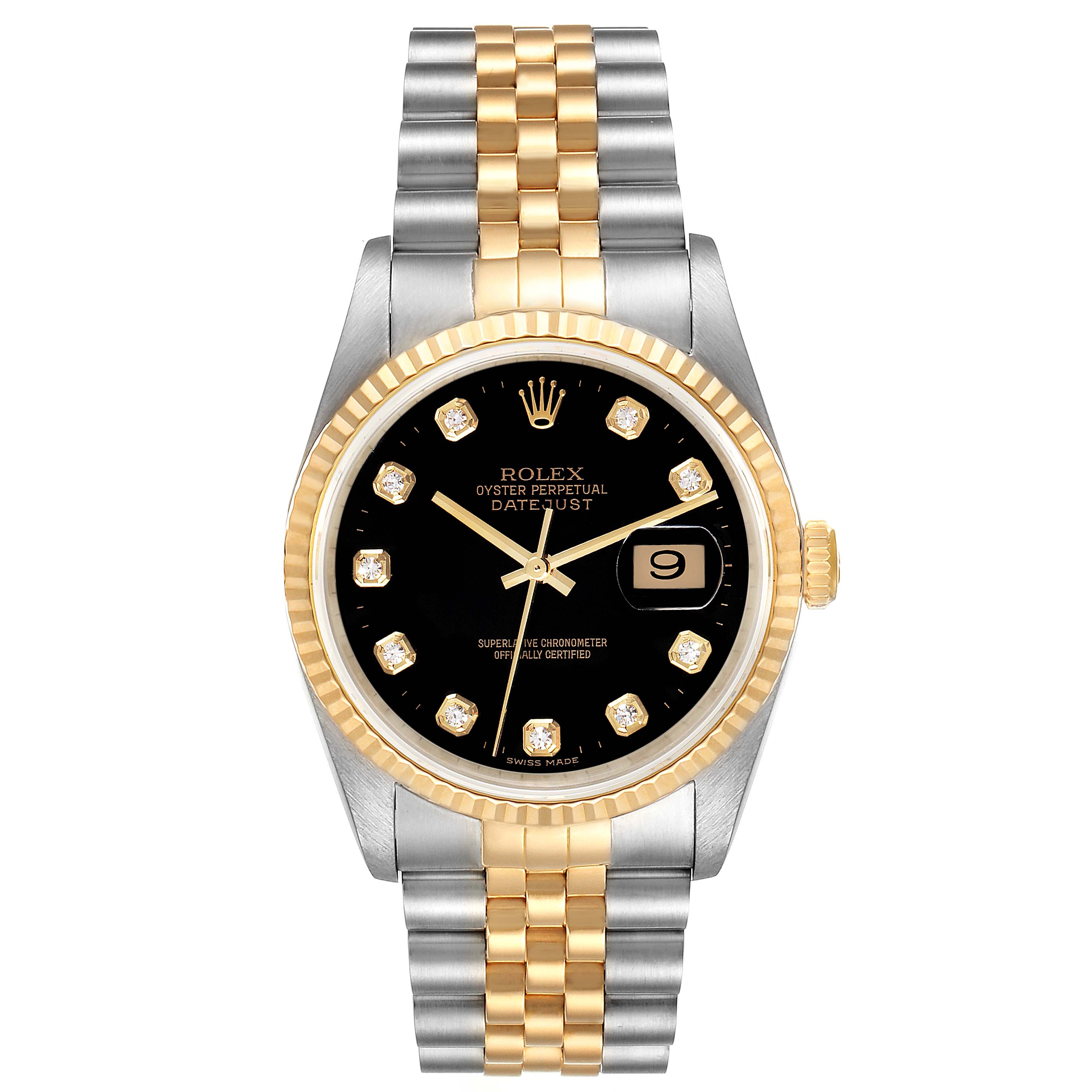 The image shows a Rolex Datejust 16233 Men's Steel and Gold (two tone) Black Dial 16233 Men's Steel and Gold (two tone) Black Dial watch with a Jubilee bracelet, black dial, and fluted bezel, viewed from the front.