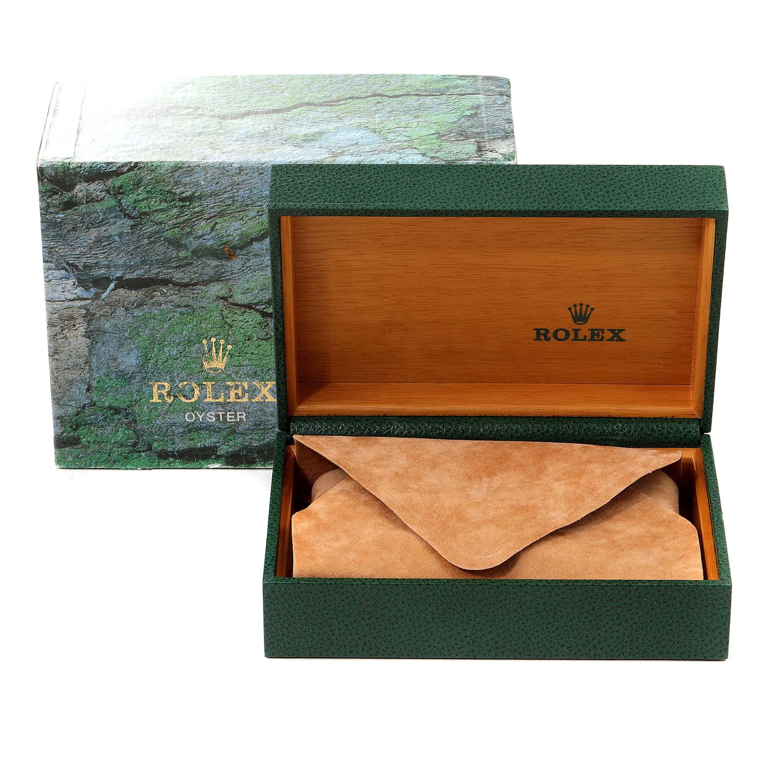 The image shows the packaging for a Rolex Datejust 16233 Men's Steel and Gold (two tone) Black Dial 16233 Men's Steel and Gold (two tone) Black Dial watch, including an open green watch box with beige protective fabric inside.