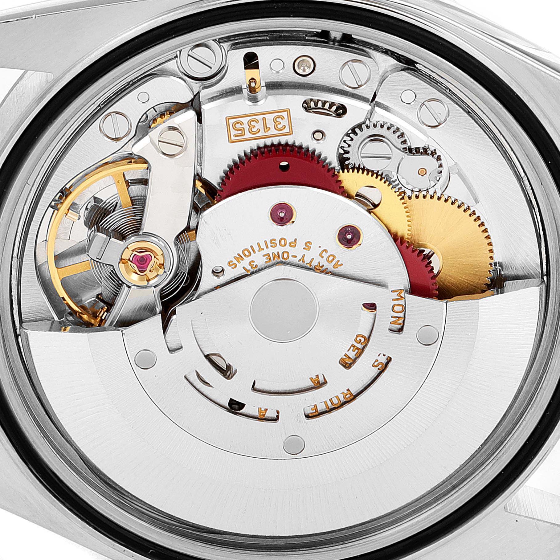 This image is a close-up view of the movement mechanism inside a Rolex Datejust 16233 Men's Steel and Gold (two tone) Black Dial 16233 Men's Steel and Gold (two tone) Black Dial watch.