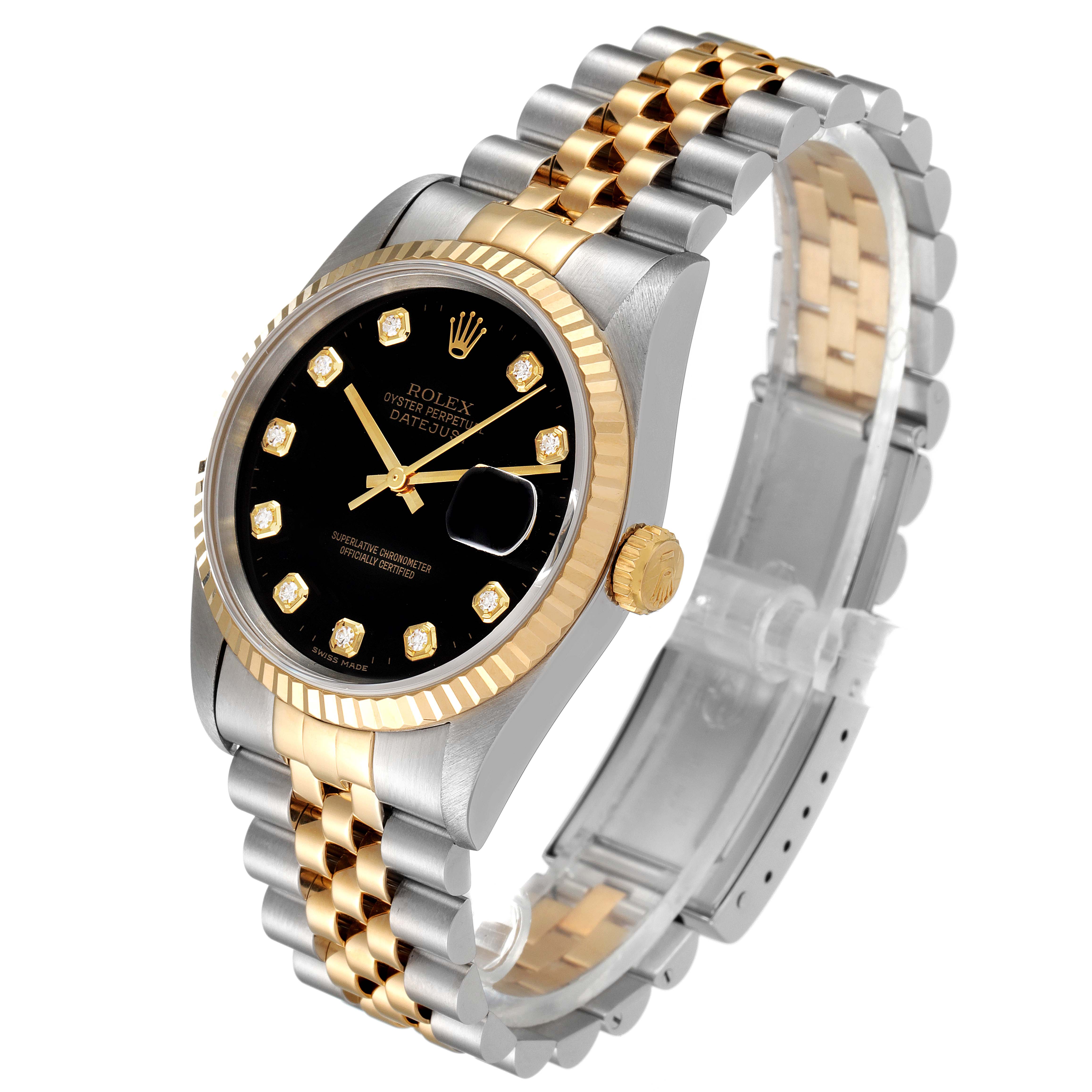 The image shows a Rolex Datejust 16233 Men's Steel and Gold (two tone) Black Dial 16233 Men's Steel and Gold (two tone) Black Dial watch from an oblique angle, highlighting the black dial, gold fluted bezel, and Jubilee bracelet.