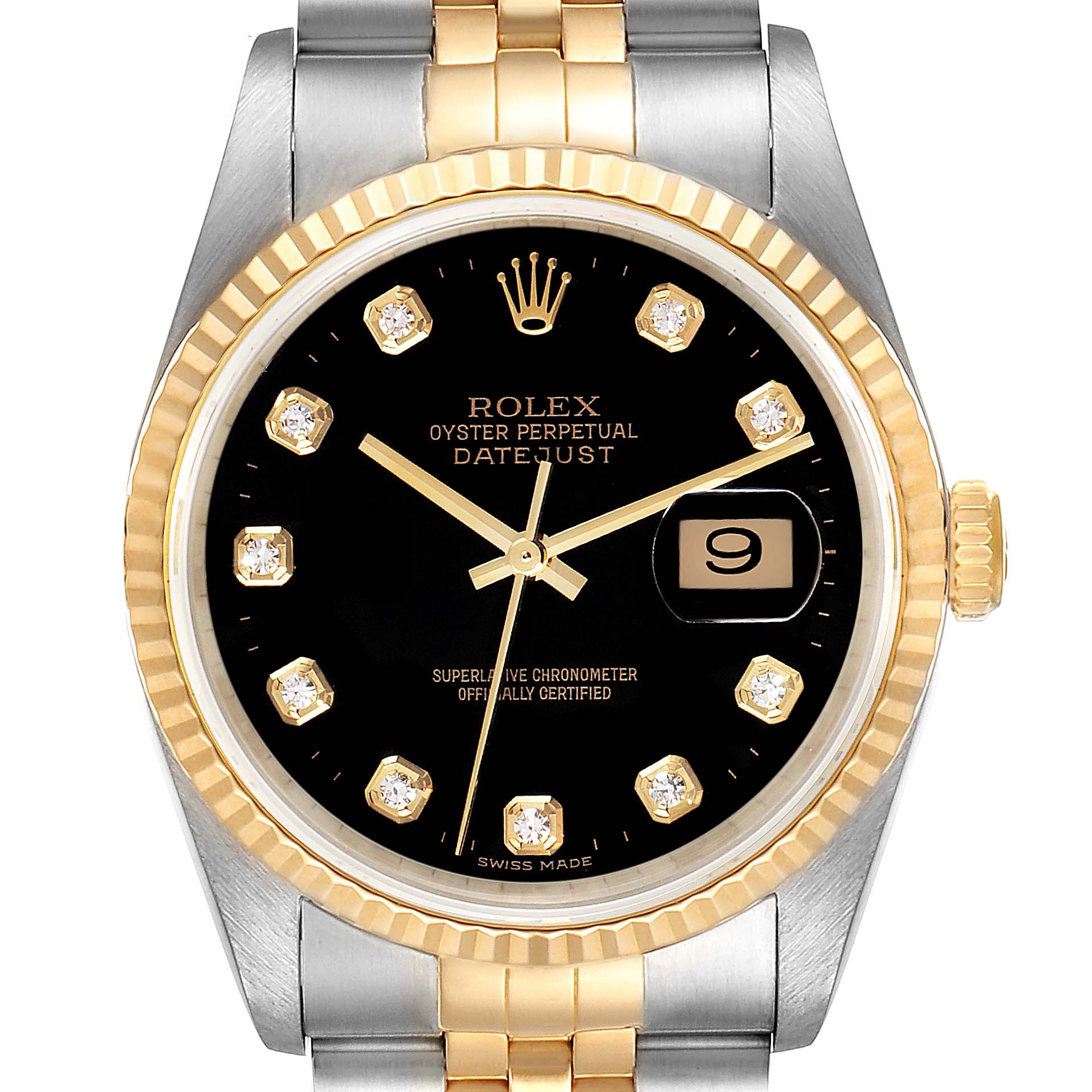This image shows a front view of a Rolex Datejust 16233 Men's Steel and Gold (two tone) Black Dial 16233 Men's Steel and Gold (two tone) Black Dial watch, featuring the dial, bezel, crown, and part of the bracelet.