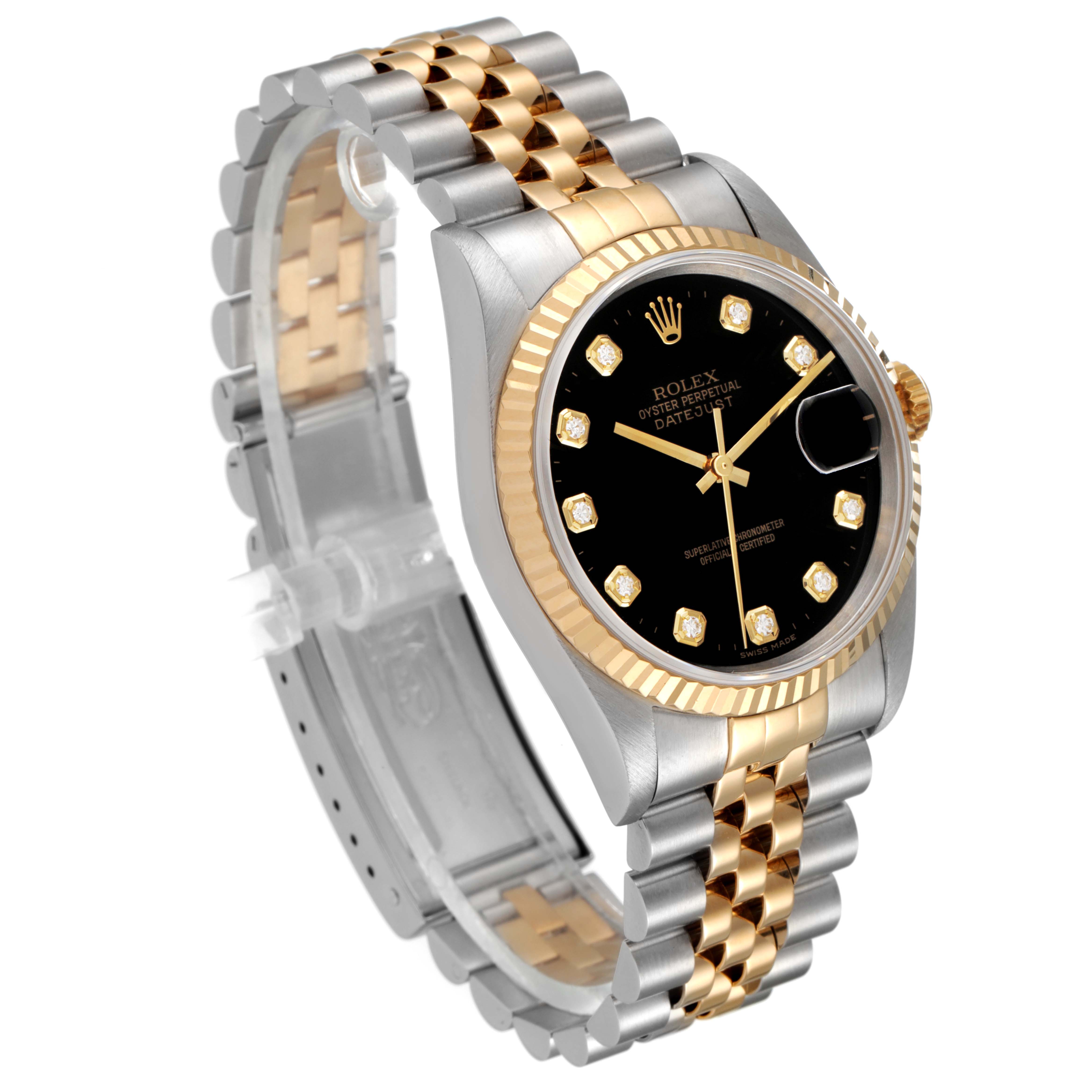 The image shows a Rolex Datejust 16233 Men's Steel and Gold (two tone) Black Dial 16233 Men's Steel and Gold (two tone) Black Dial watch at an angled view, highlighting the two-tone bracelet, fluted bezel, and black dial.