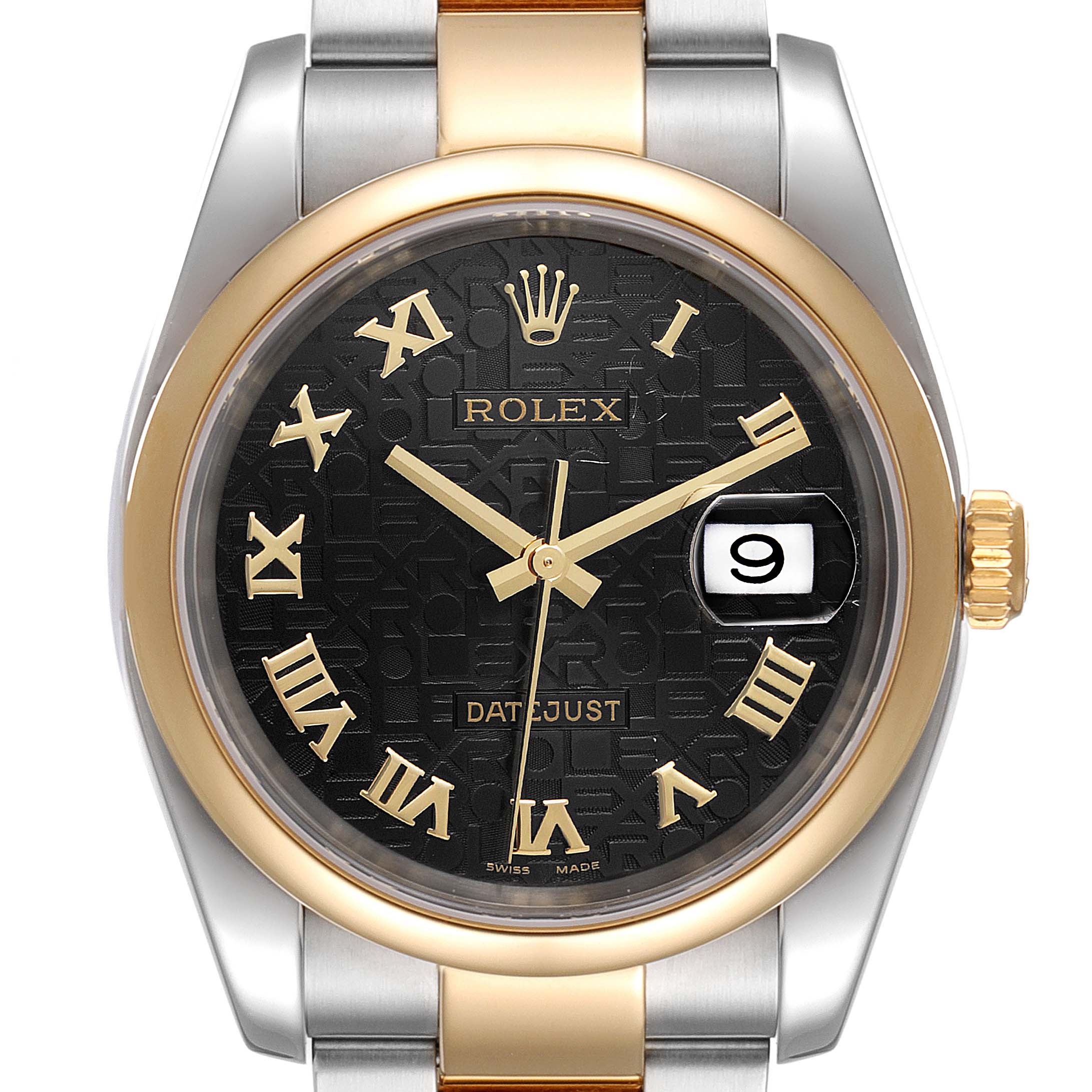 This is a front view of a Rolex Datejust 116203 Men's Steel and Gold (two tone) Black Dial 116203 Men's Steel and Gold (two tone) Black Dial watch, showcasing its black dial, gold Roman numeral markers, and two-tone bracelet.