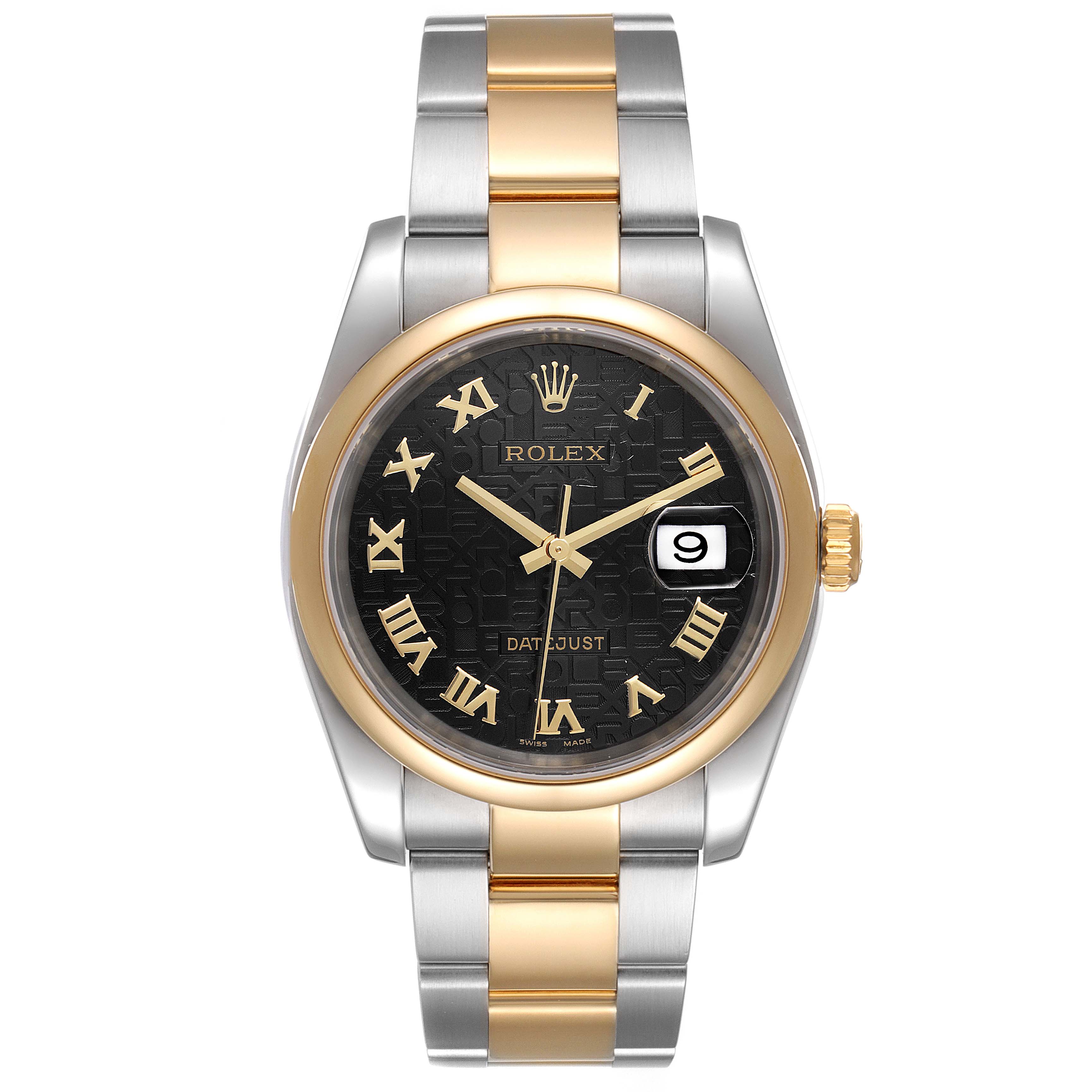 The image shows a Rolex Datejust 116203 Men's Steel and Gold (two tone) Black Dial 116203 Men's Steel and Gold (two tone) Black Dial watch from a front angle, highlighting its dial, bezel, and bracelet.
