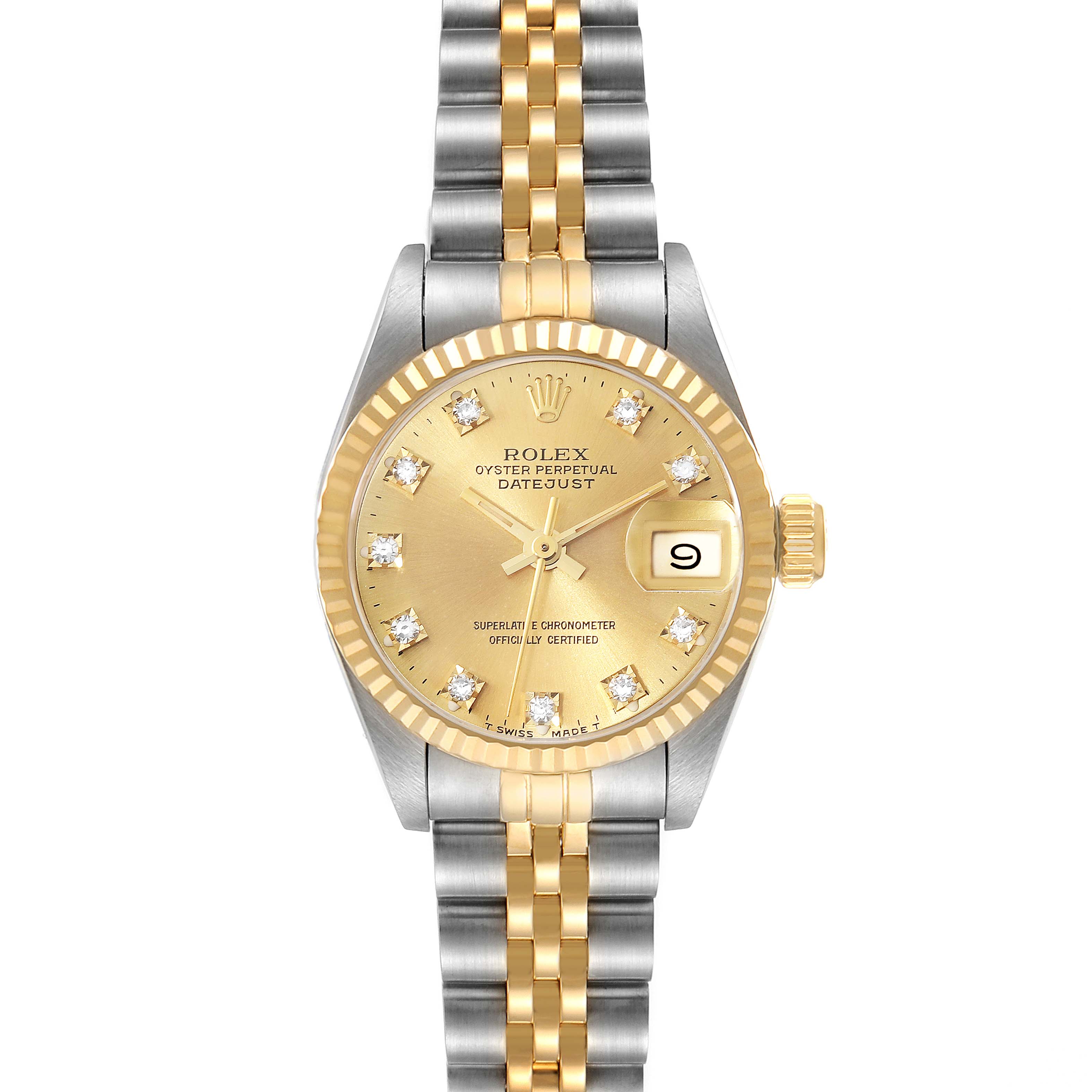 The Rolex Datejust 69173 Women's Steel and Gold (two tone) Champagne Dial 69173 Women's Steel and Gold (two tone) Champagne Dial watch is shown from a top-down angle, displaying the dial, bezel, and bracelet.