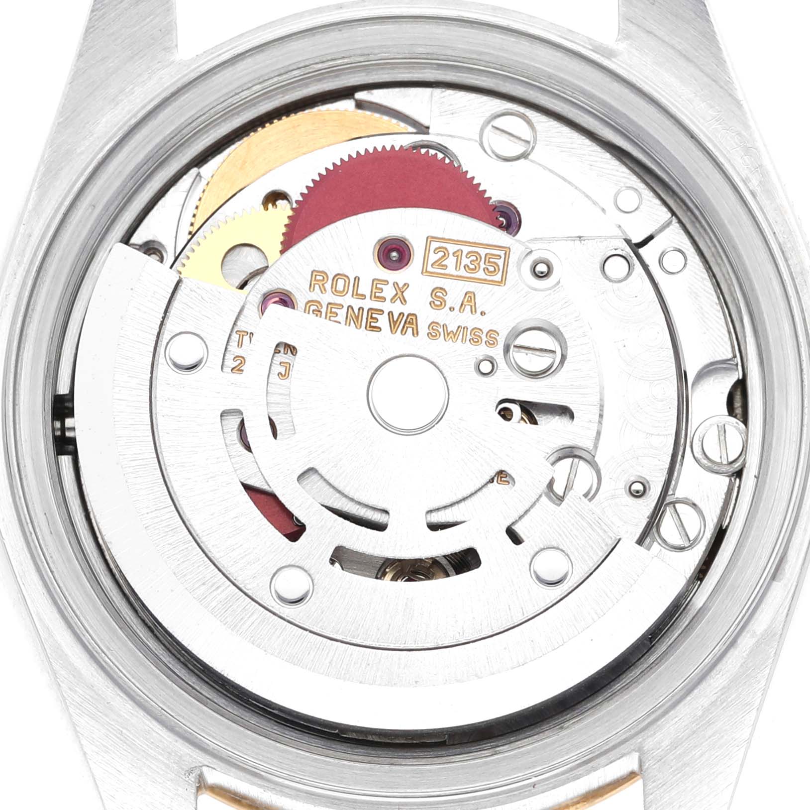The image shows the inner mechanism and movement of a Rolex Datejust 69173 Women's Steel and Gold (two tone) Champagne Dial 69173 Women's Steel and Gold (two tone) Champagne Dial watch, viewed from the back.