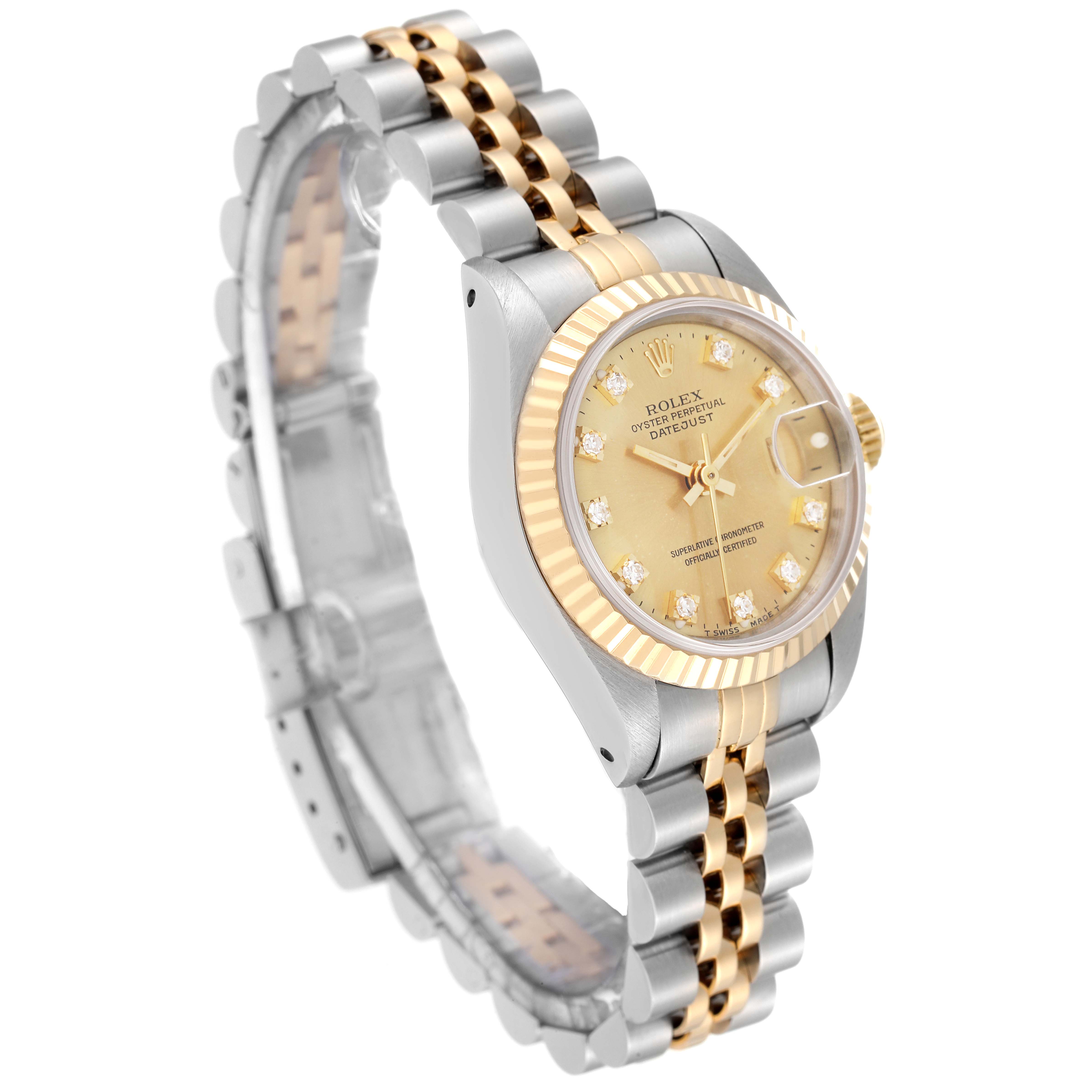The image shows a side view of a Rolex Datejust 69173 Women's Steel and Gold (two tone) Champagne Dial 69173 Women's Steel and Gold (two tone) Champagne Dial watch highlighting its two-tone bracelet and diamond hour markers.