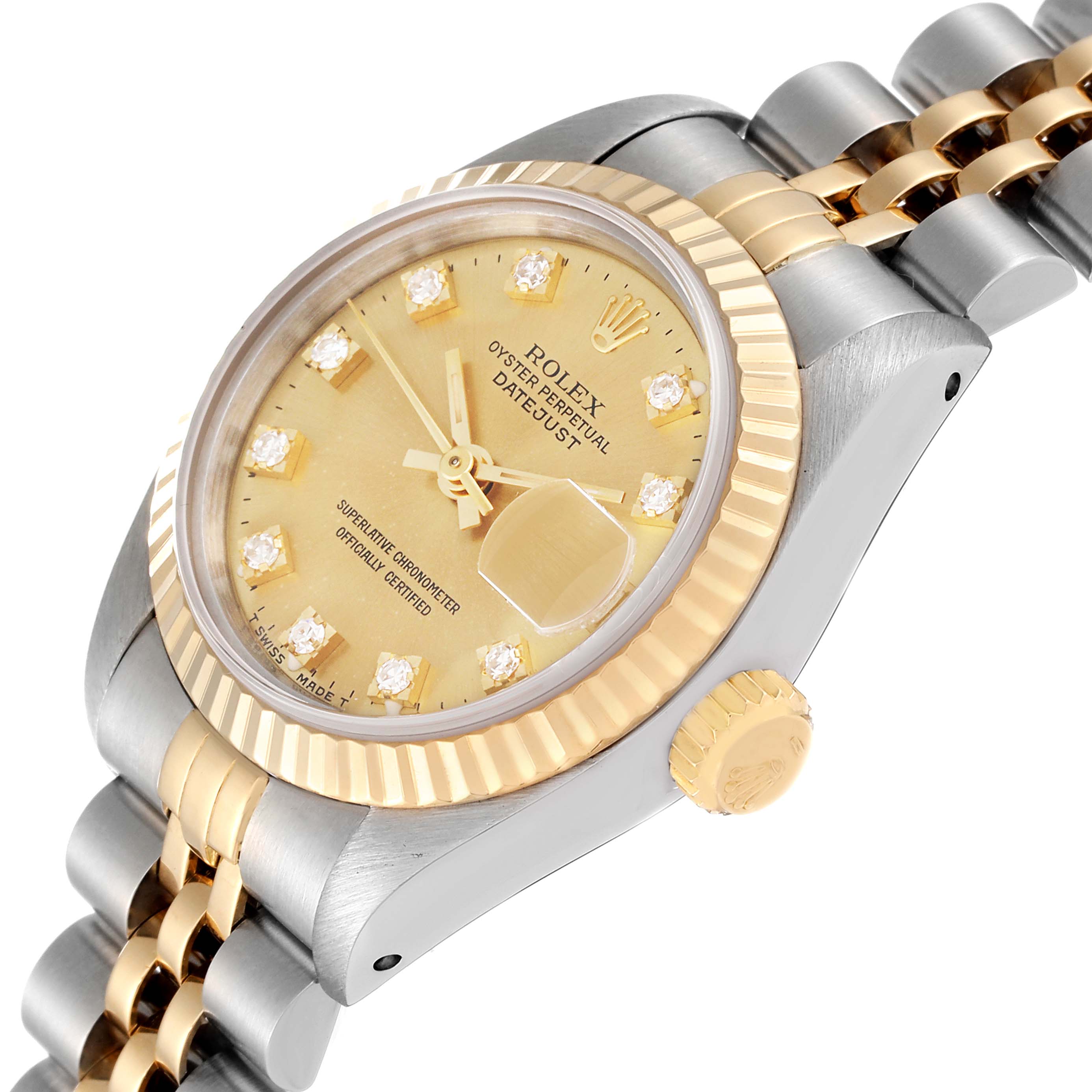This image shows a close-up side angle of a Rolex Datejust 69173 Women's Steel and Gold (two tone) Champagne Dial 69173 Women's Steel and Gold (two tone) Champagne Dial, highlighting its dial, bezel, crown, and part of its bracelet.