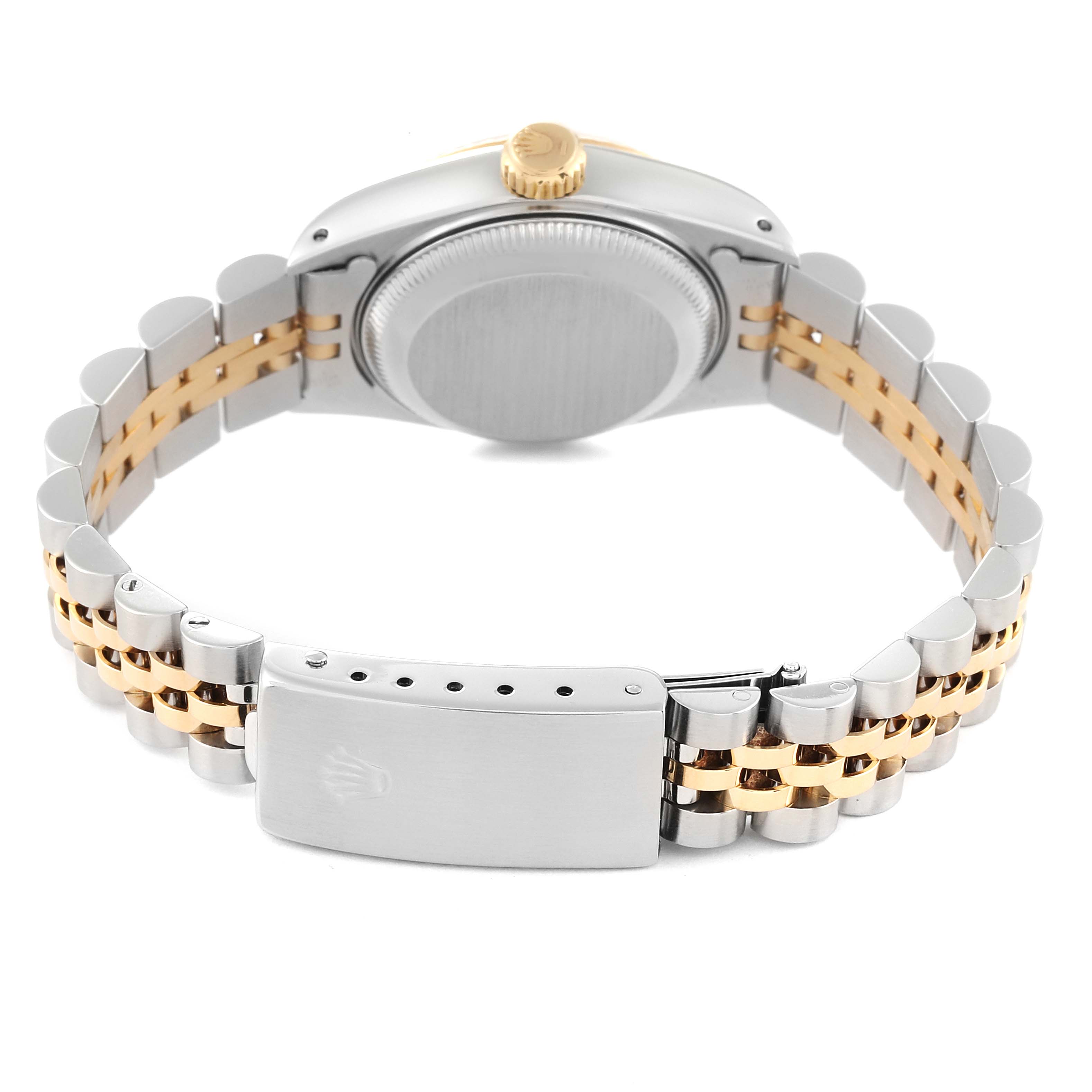 This image shows the back view of a Rolex Datejust 69173 Women's Steel and Gold (two tone) Champagne Dial 69173 Women's Steel and Gold (two tone) Champagne Dial watch, highlighting the case back, crown, and two-tone Jubilee bracelet.