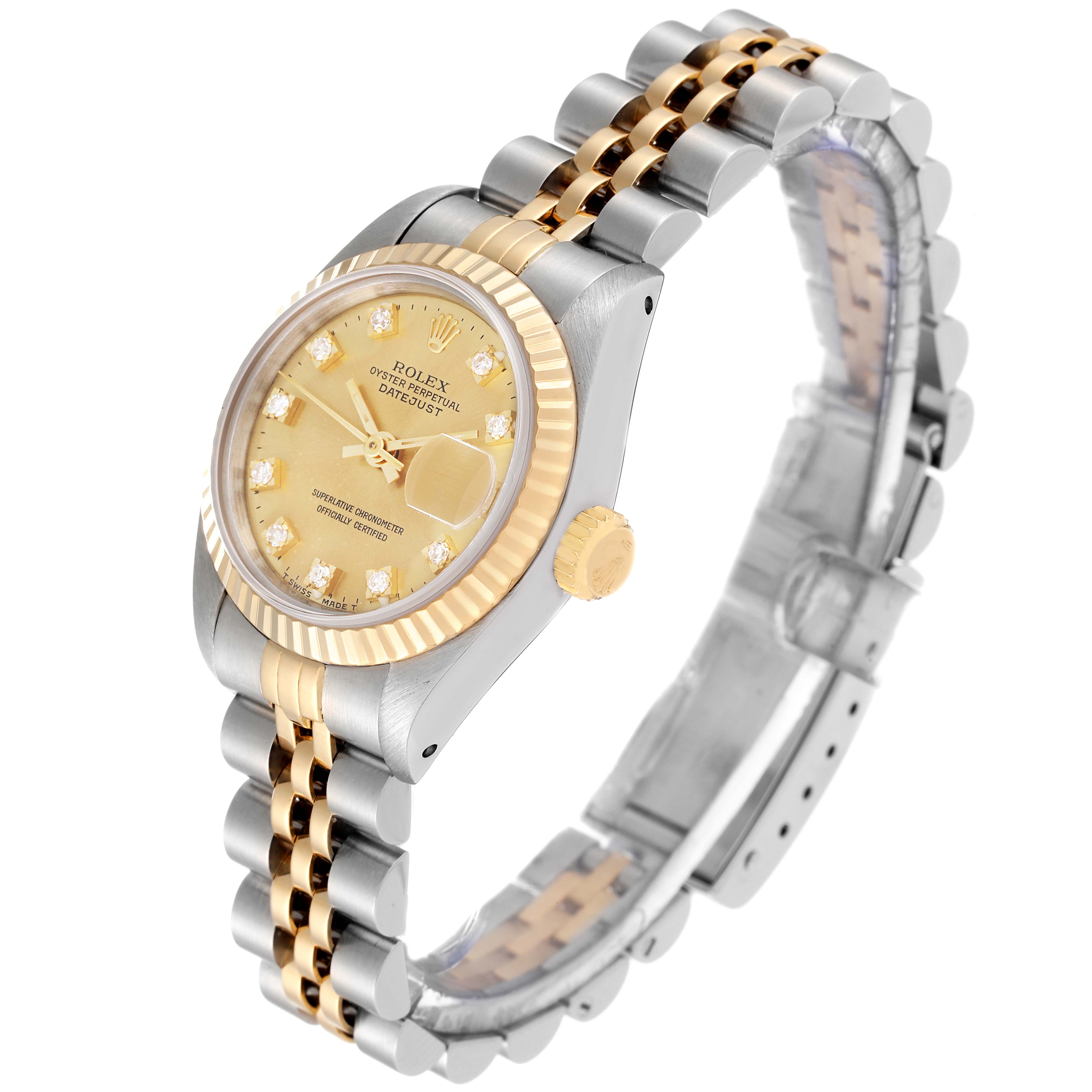 This image shows a Rolex Datejust 69173 Women's Steel and Gold (two tone) Champagne Dial 69173 Women's Steel and Gold (two tone) Champagne Dial watch at an angled view, displaying its face, bezel, crown, and two-tone bracelet.