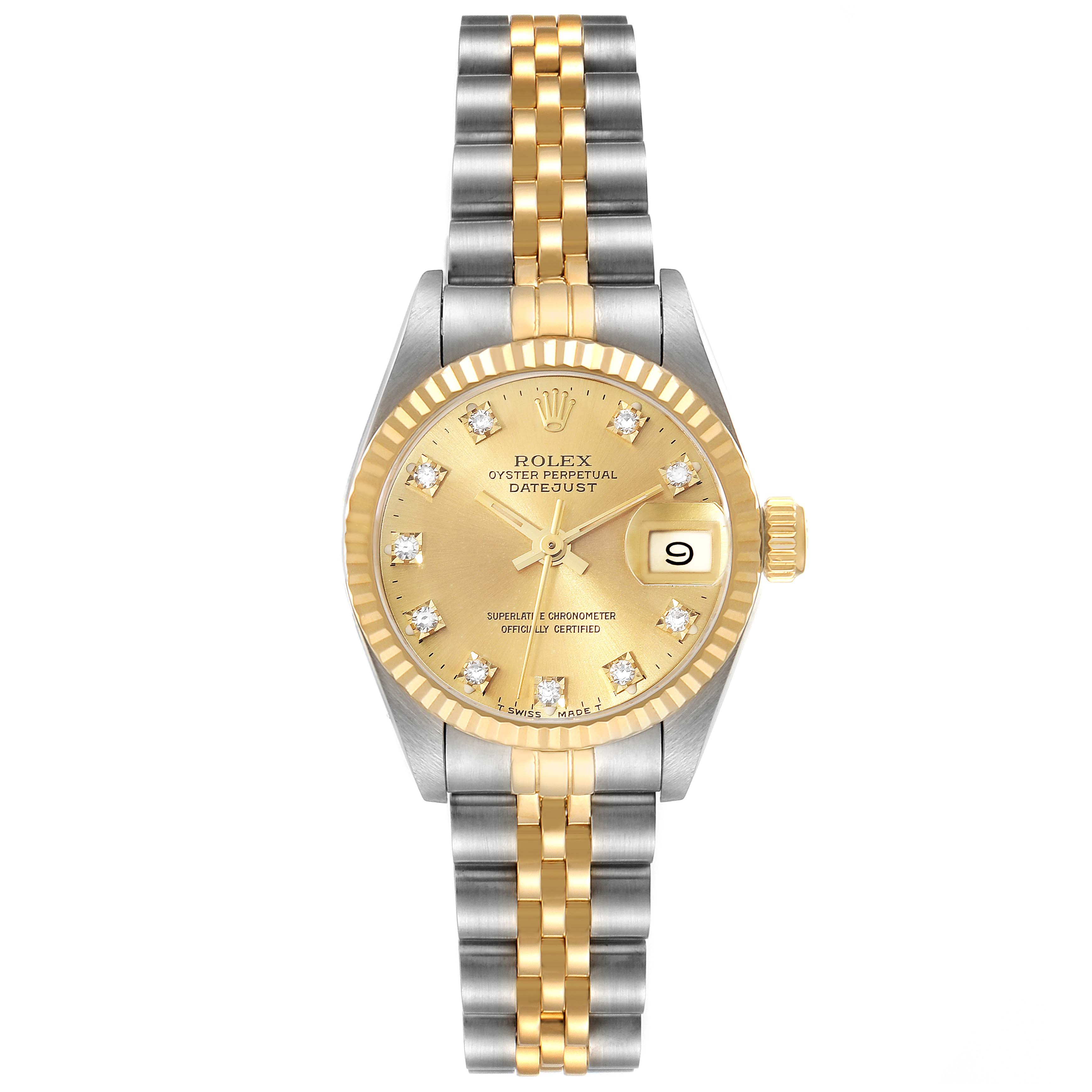 The Rolex Datejust 69173 Women's Steel and Gold (two tone) Champagne Dial 69173 Women's Steel and Gold (two tone) Champagne Dial watch is shown in a front-facing view, highlighting its dial, bezel, crown, and bracelet.