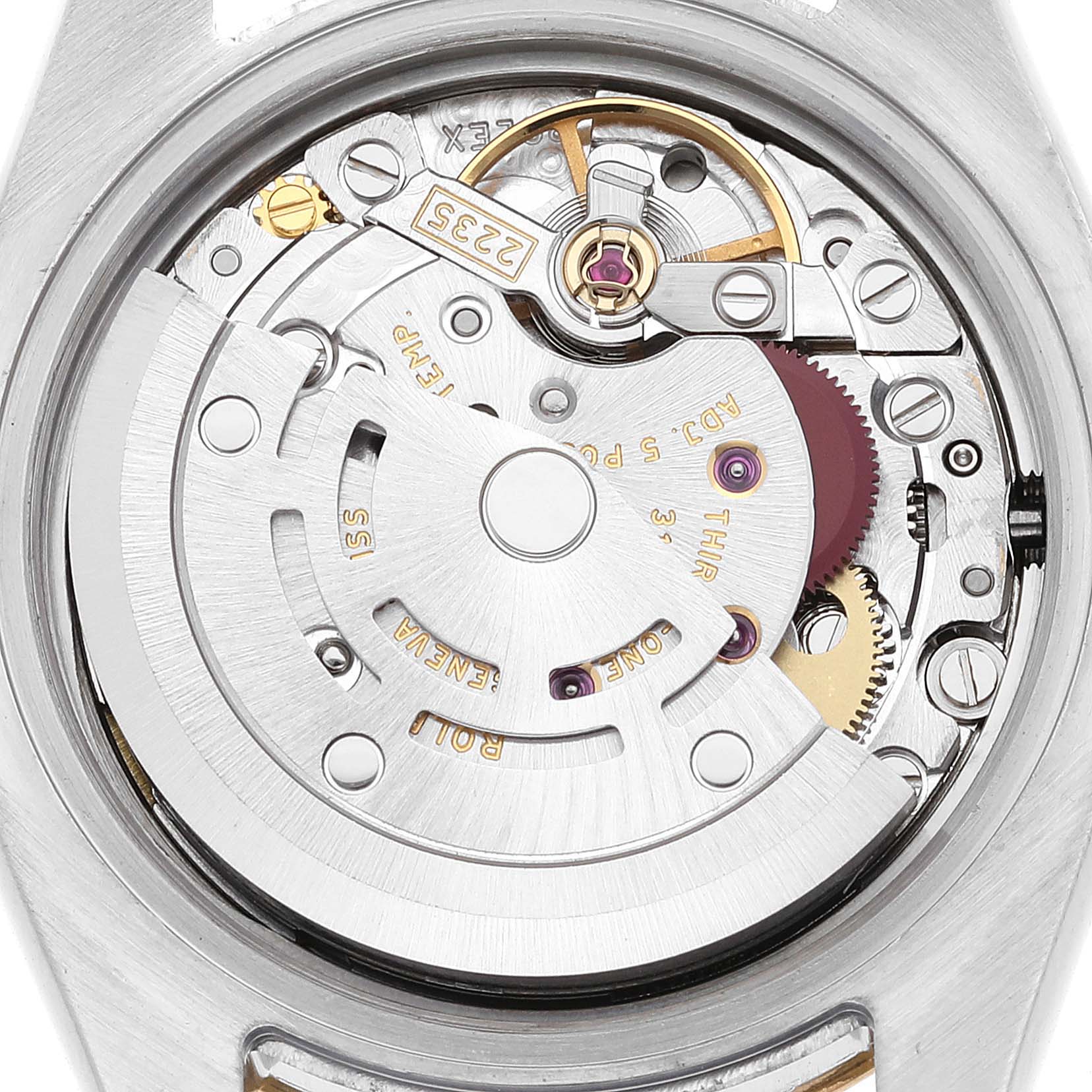 This image shows the intricate inner mechanical components of the Rolex Datejust 179173G Women's Steel and Gold (two tone) Champagne Dial 179173G Women's Steel and Gold (two tone) Champagne Dial watch from a bottom-up angle.