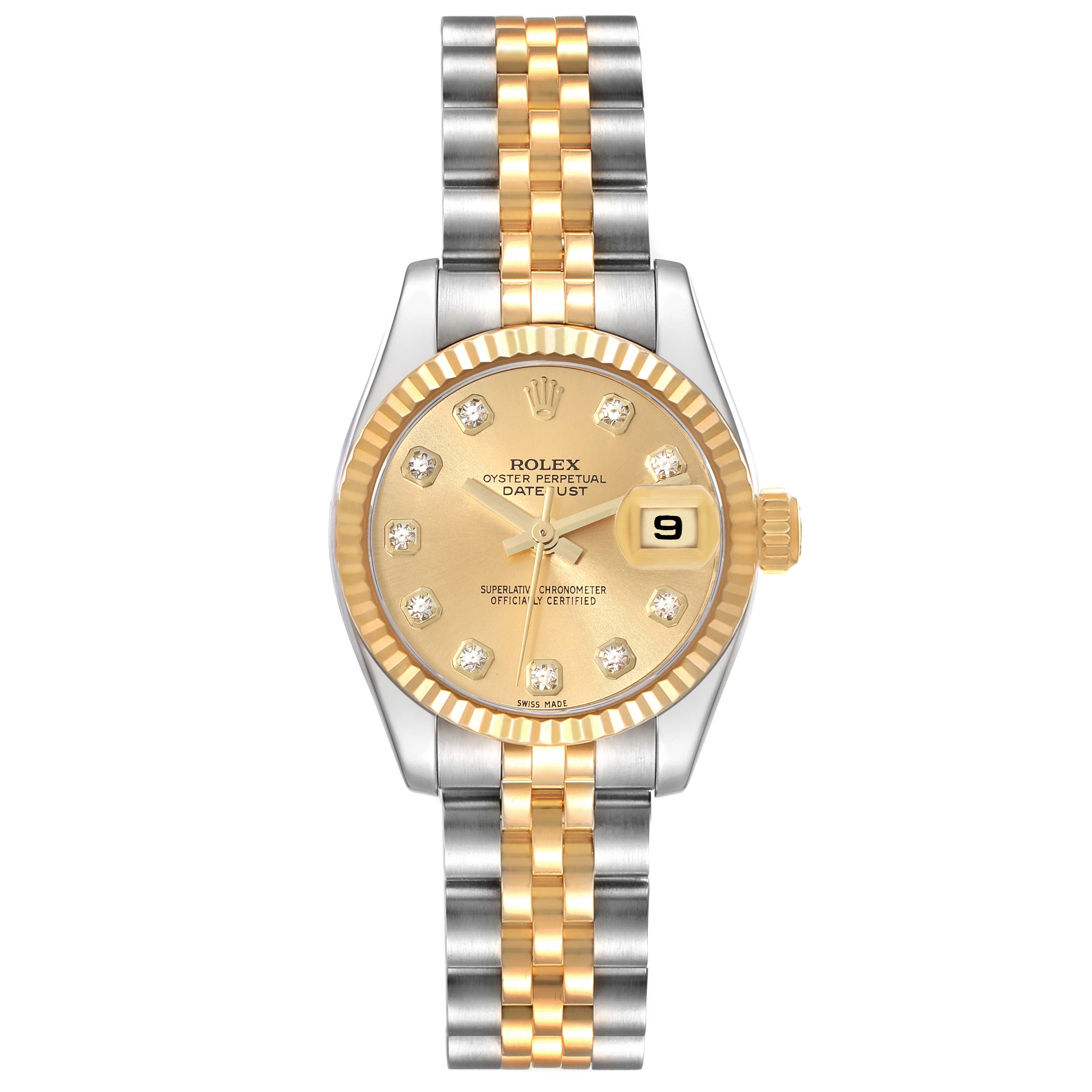 The image shows a front view of a Rolex Datejust 179173G Women's Steel and Gold (two tone) Champagne Dial 179173G Women's Steel and Gold (two tone) Champagne Dial watch with a gold and silver jubilee bracelet and a gold dial with diamond hour markers.