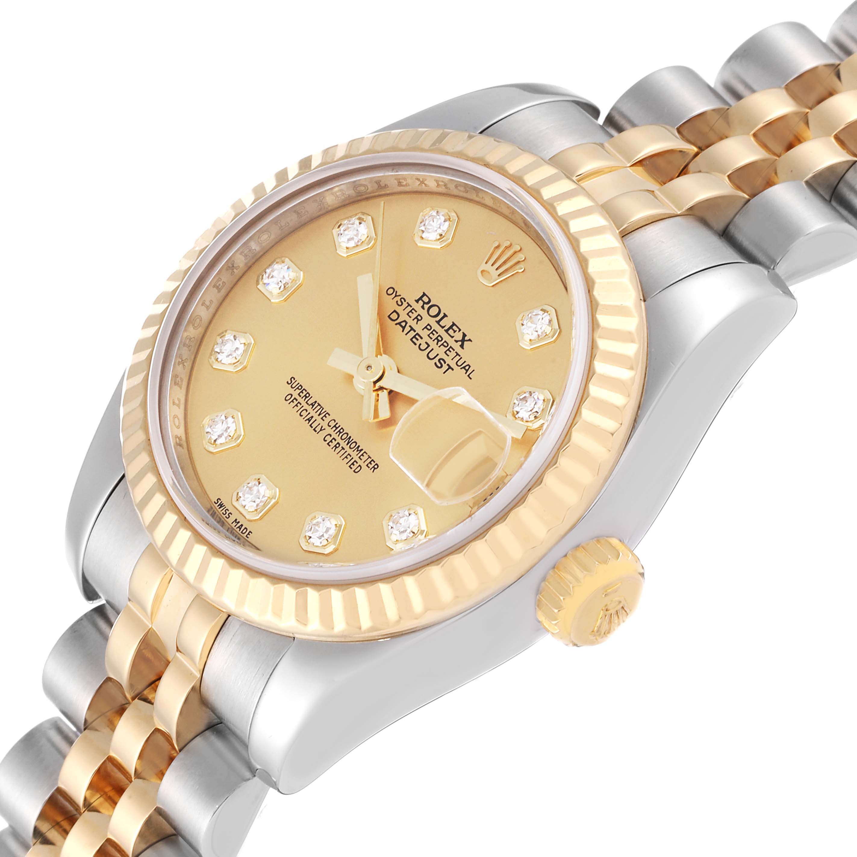 The image shows a close-up, angled view of the Rolex Datejust 179173G Women's Steel and Gold (two tone) Champagne Dial 179173G Women's Steel and Gold (two tone) Champagne Dial watch, highlighting the dial, fluted bezel, and part of the bracelet.