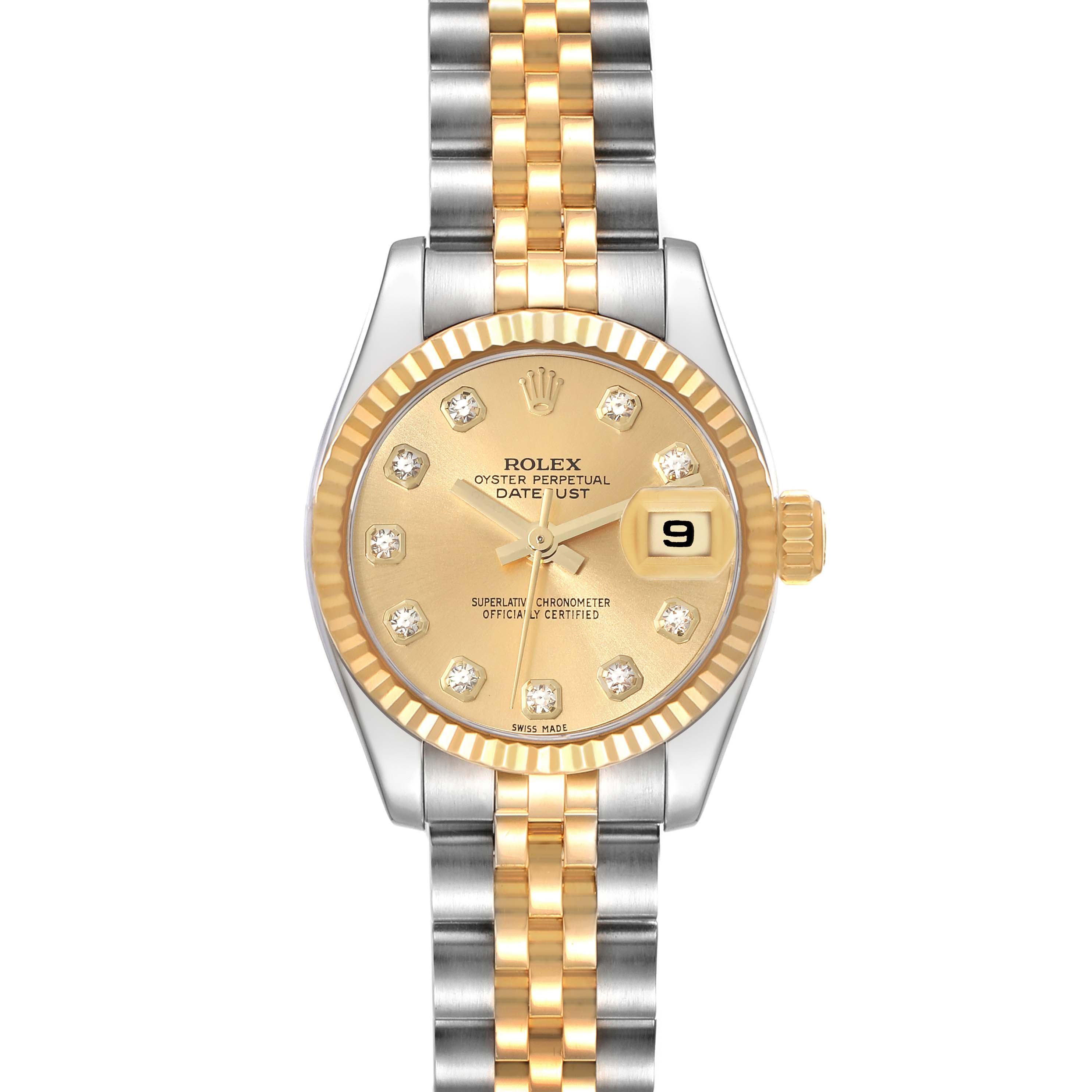 This is a frontal view of a Rolex Datejust 179173G Women's Steel and Gold (two tone) Champagne Dial 179173G Women's Steel and Gold (two tone) Champagne Dial watch showcasing its face, bezel, and two-tone bracelet.