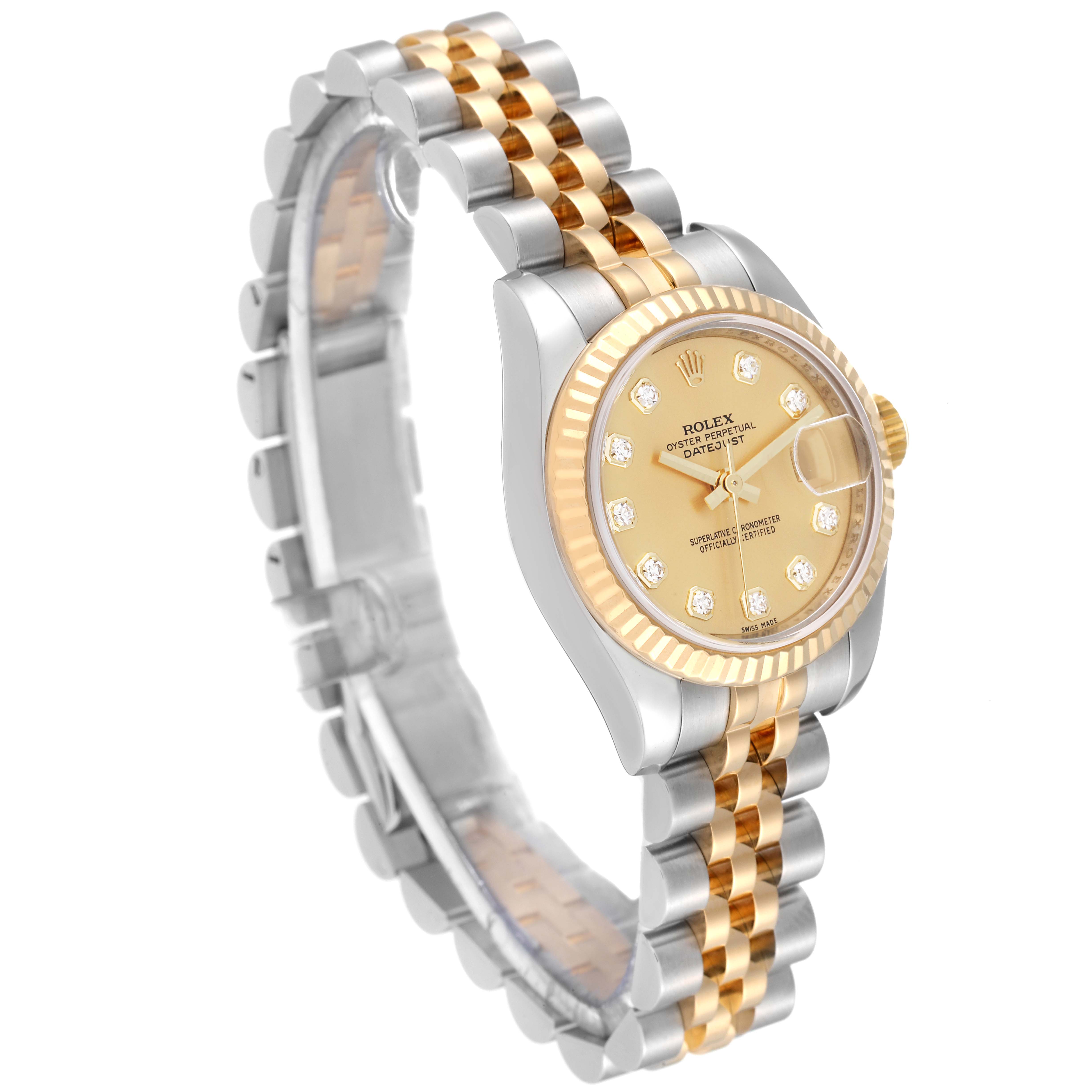 The image shows a Rolex Datejust 179173G Women's Steel and Gold (two tone) Champagne Dial 179173G Women's Steel and Gold (two tone) Champagne Dial watch with a two-tone bracelet and a face angled slightly to the left.