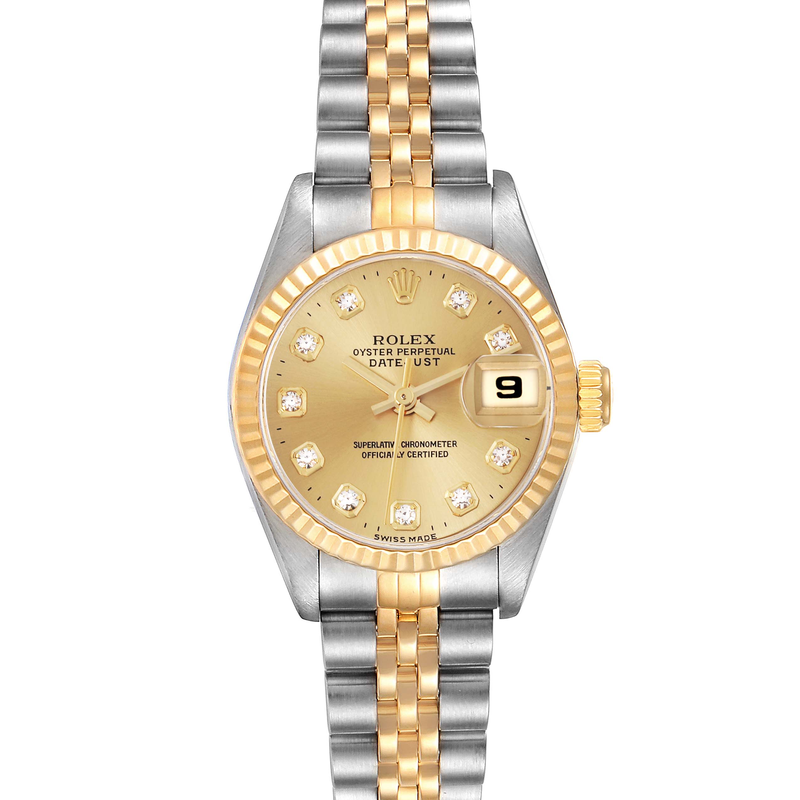 The Rolex Datejust 69173 Women's Steel and Gold (two tone) Champagne Dial 69173 Women's Steel and Gold (two tone) Champagne Dial watch is shown from the front, displaying the dial, bezel, and full bracelet.