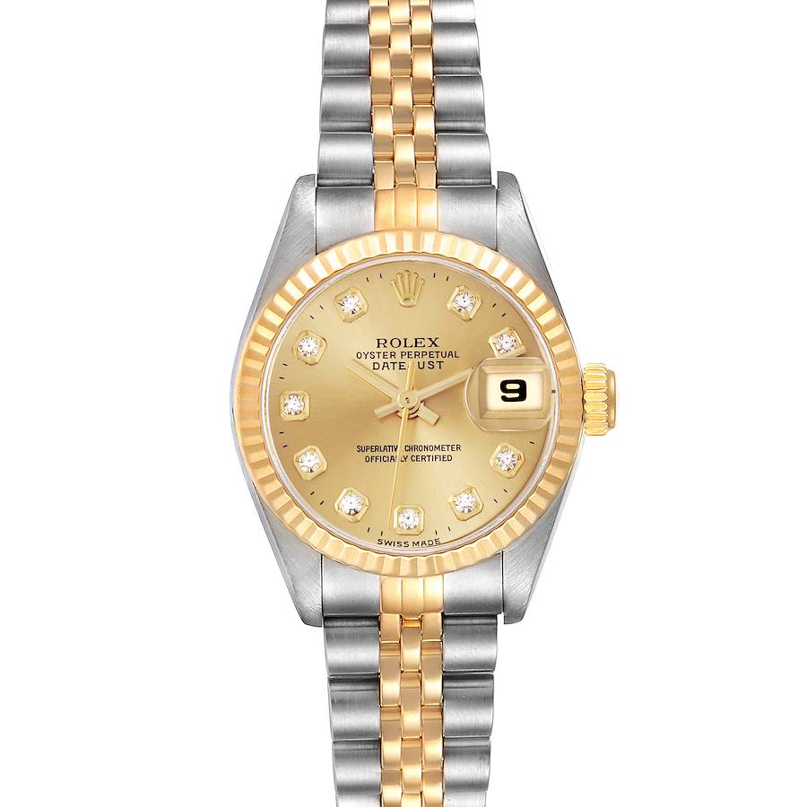 The Rolex Datejust watch is shown from the front, displaying the dial, bezel, and full bracelet.