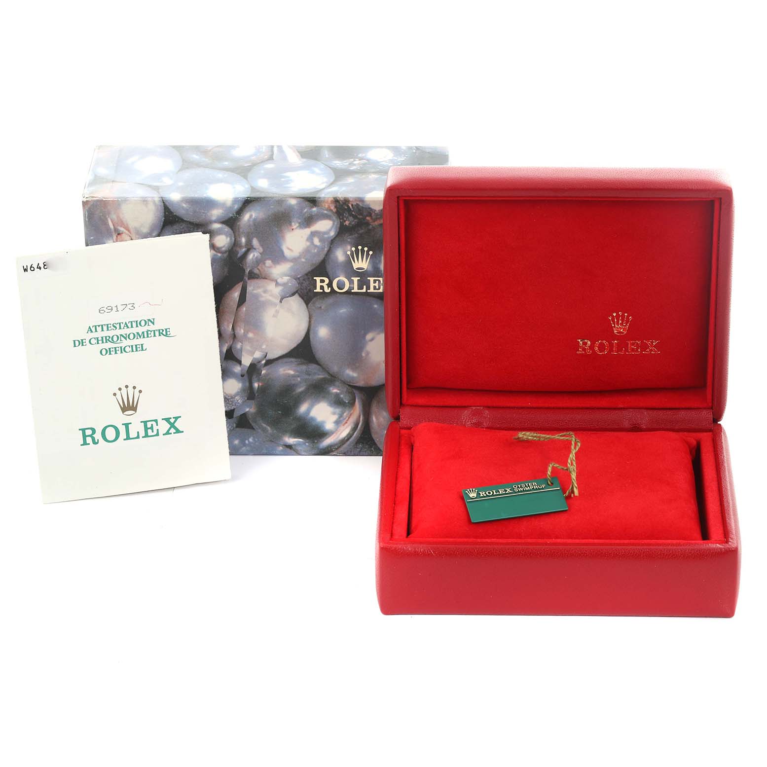 The image shows a Rolex Datejust 69173 Women's Steel and Gold (two tone) Champagne Dial 69173 Women's Steel and Gold (two tone) Champagne Dial watch box, a branded booklet, and a tag, with the box open at the front angle.