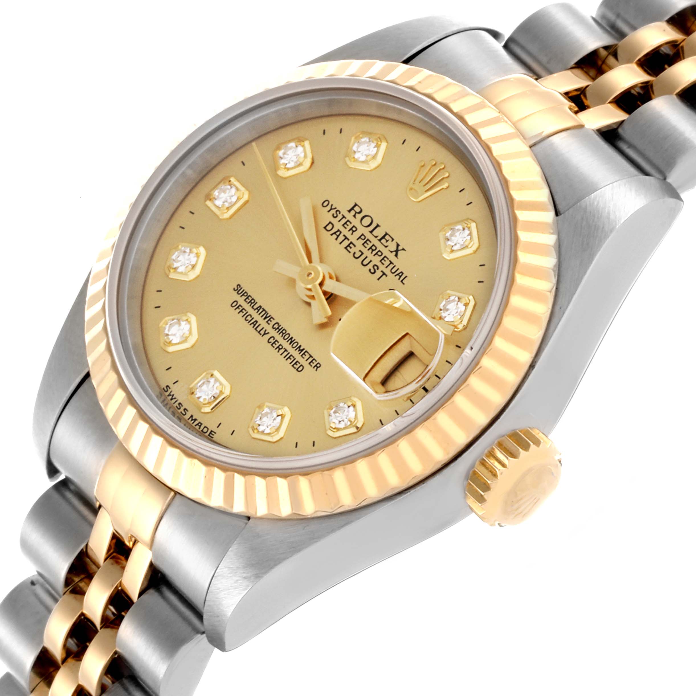 The Rolex Datejust 69173 Women's Steel and Gold (two tone) Champagne Dial 69173 Women's Steel and Gold (two tone) Champagne Dial watch is shown at a slight side angle, highlighting the dial, crown, and part of the bracelet.