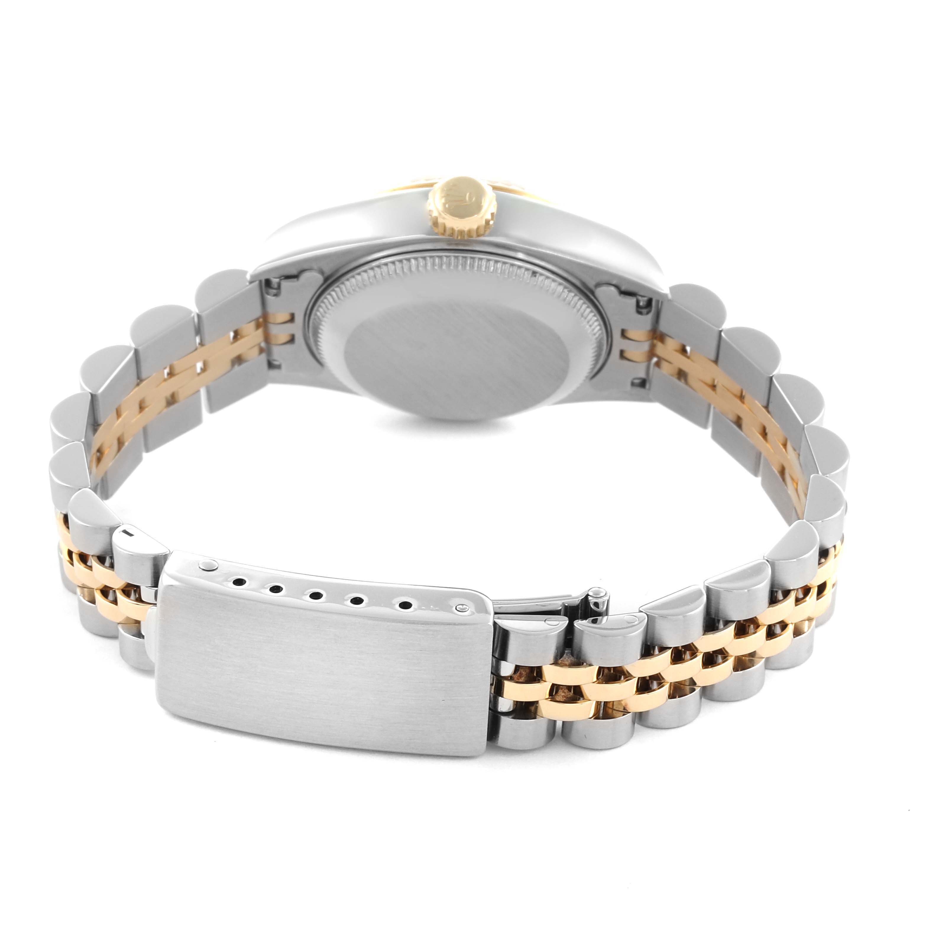 The Rolex Datejust 69173 Women's Steel and Gold (two tone) Champagne Dial 69173 Women's Steel and Gold (two tone) Champagne Dial watch is shown from a rear angle, highlighting the case back, crown, and two-tone bracelet.