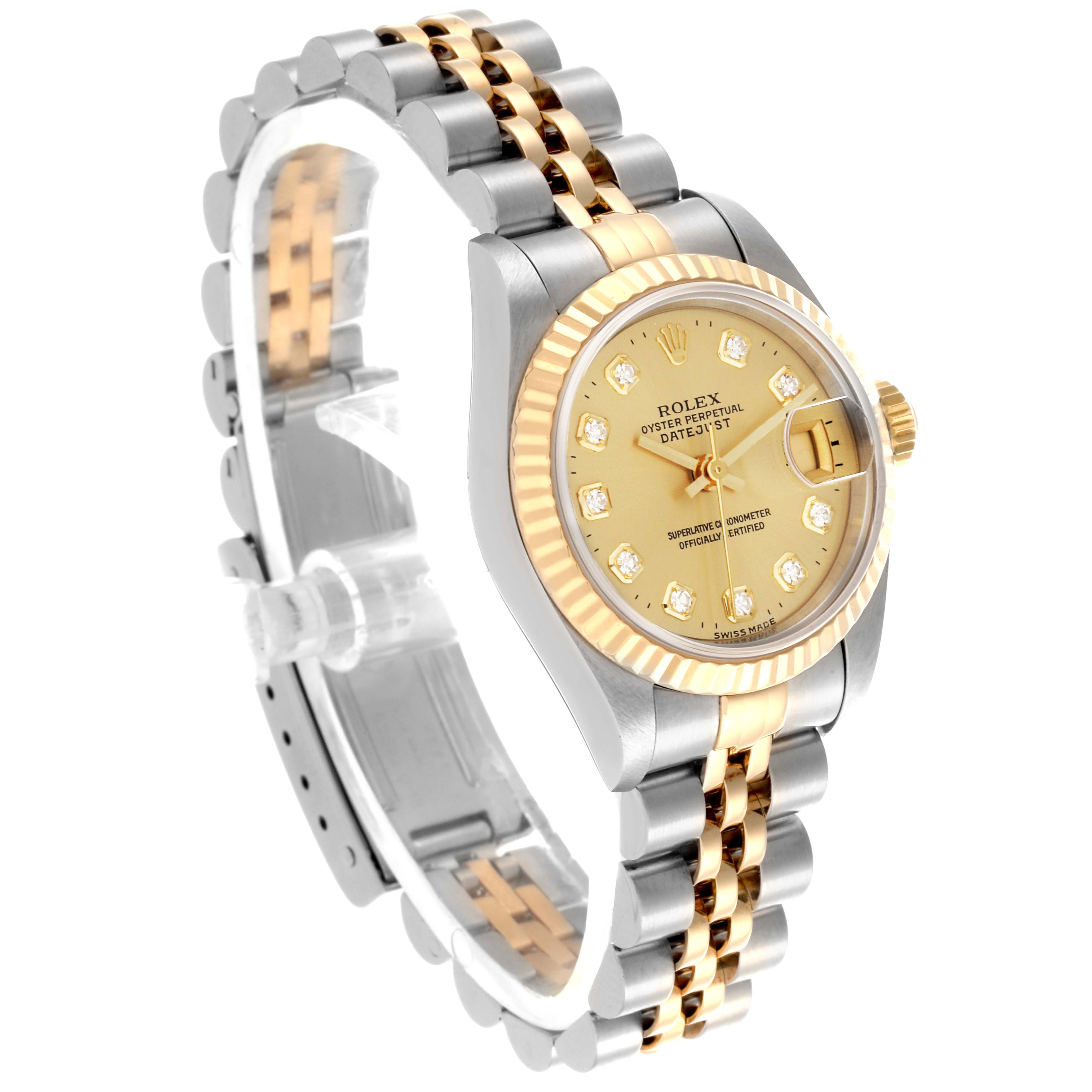 The image shows a Rolex Datejust 69173 Women's Steel and Gold (two tone) Champagne Dial 69173 Women's Steel and Gold (two tone) Champagne Dial watch at an angled side view, highlighting its gold bezel and two-tone bracelet.