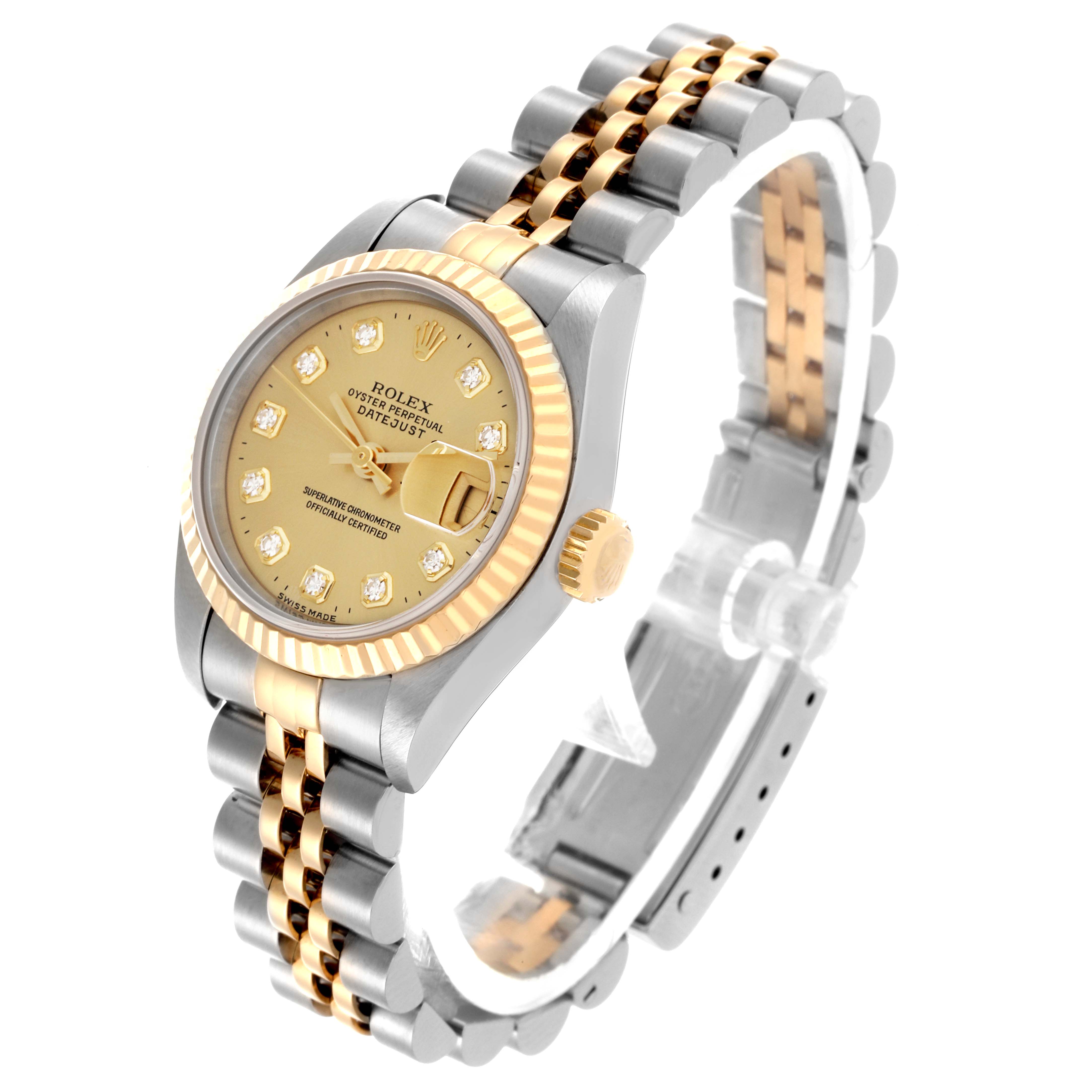 The Rolex Datejust 69173 Women's Steel and Gold (two tone) Champagne Dial 69173 Women's Steel and Gold (two tone) Champagne Dial watch is shown at a three-quarter angle, highlighting the dial, bezel, and two-tone bracelet.
