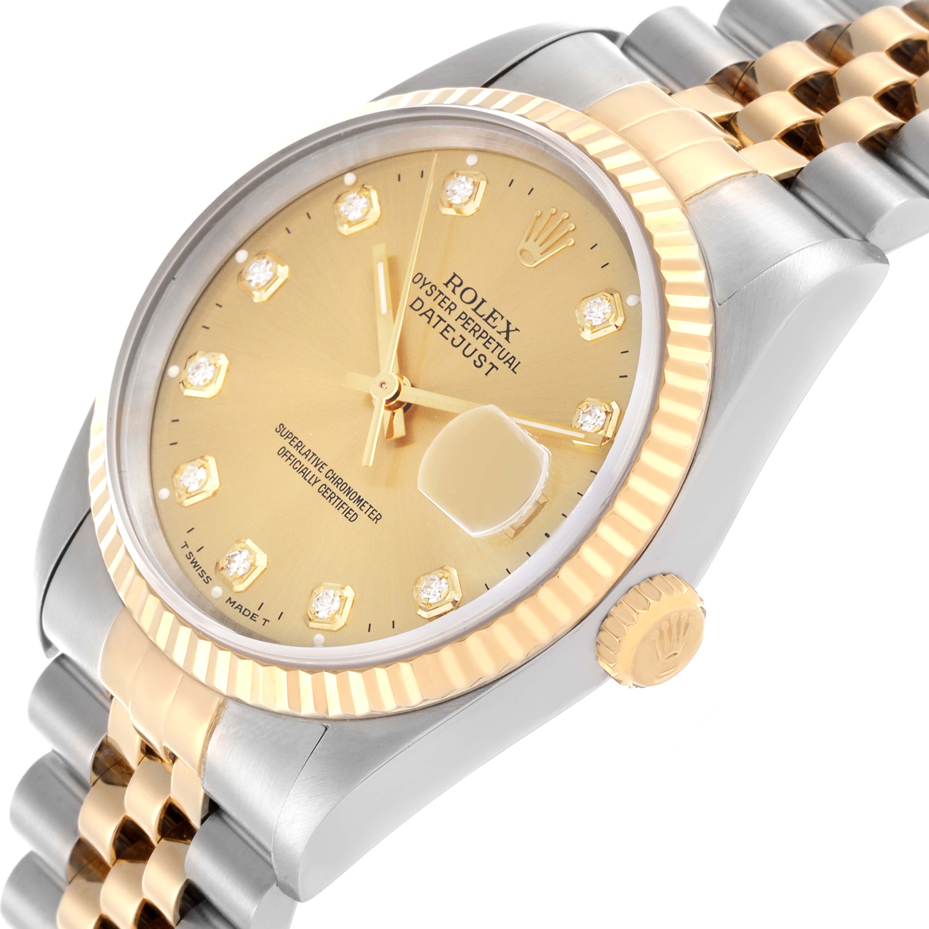 The Rolex Datejust 16233 Men
s Steel and Gold (two tone) Champagne Dial 16233 Men
s Steel and Gold (two tone) Champagne Dial watch is shown at an angled close-up, highlighting the dial, bezel, crown, and Jubilee bracelet.