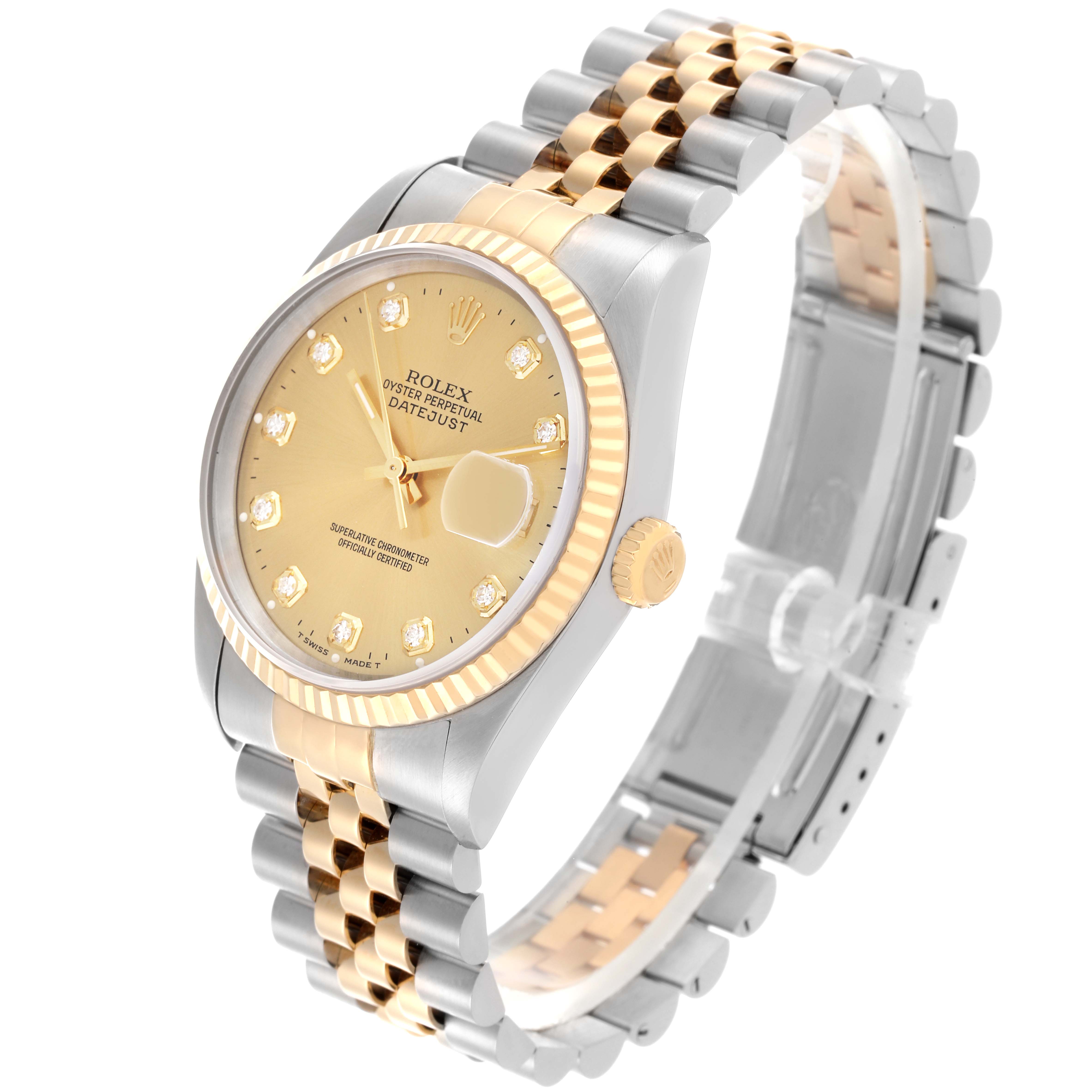 The Rolex Datejust 16233 Men
s Steel and Gold (two tone) Champagne Dial 16233 Men
s Steel and Gold (two tone) Champagne Dial watch is shown from an oblique angle, highlighting the dial, case, crown, and bracelet.