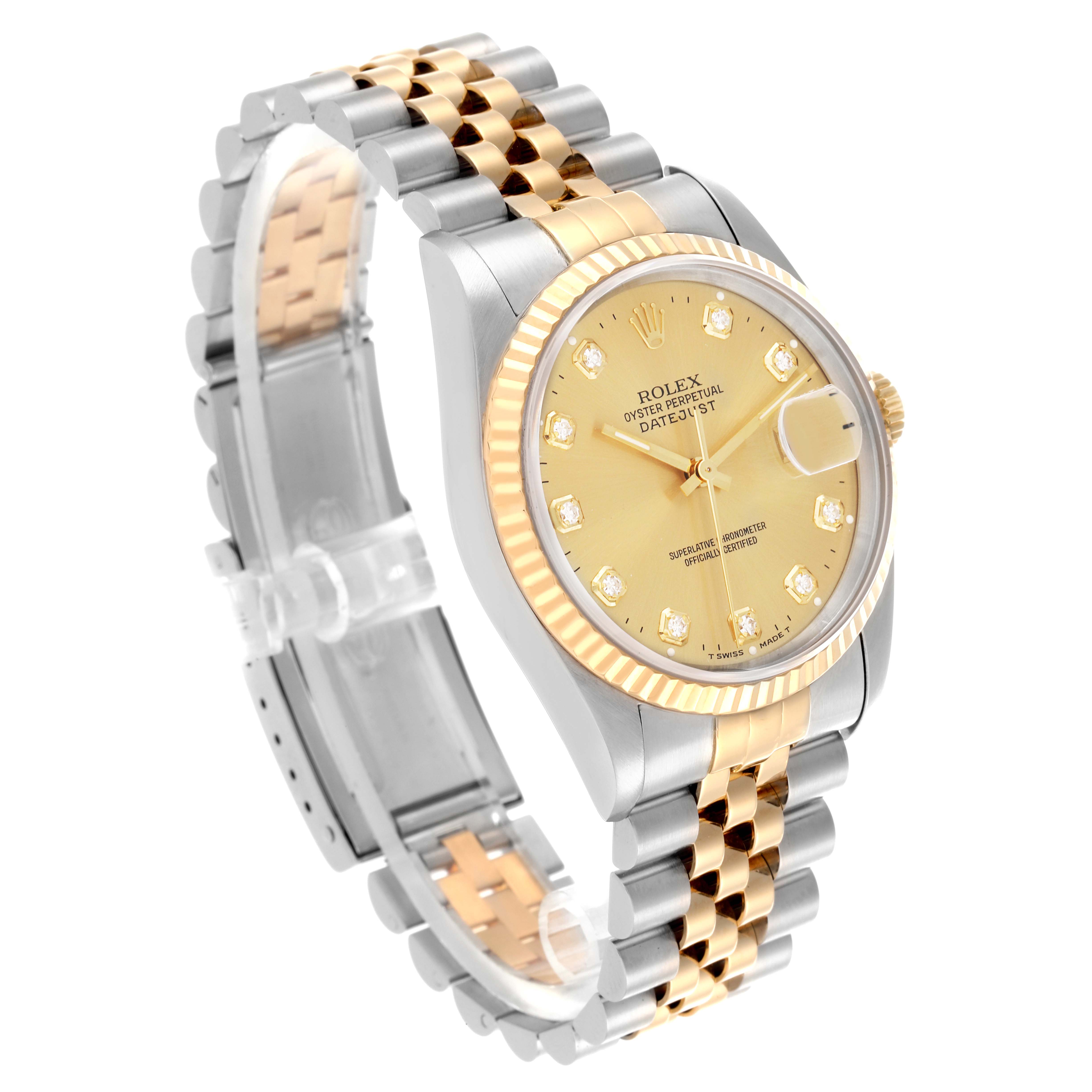 The Rolex Datejust 16233 Men
s Steel and Gold (two tone) Champagne Dial 16233 Men
s Steel and Gold (two tone) Champagne Dial is shown at a three-quarter angle, highlighting the gold dial, fluted bezel, and jubilee bracelet.