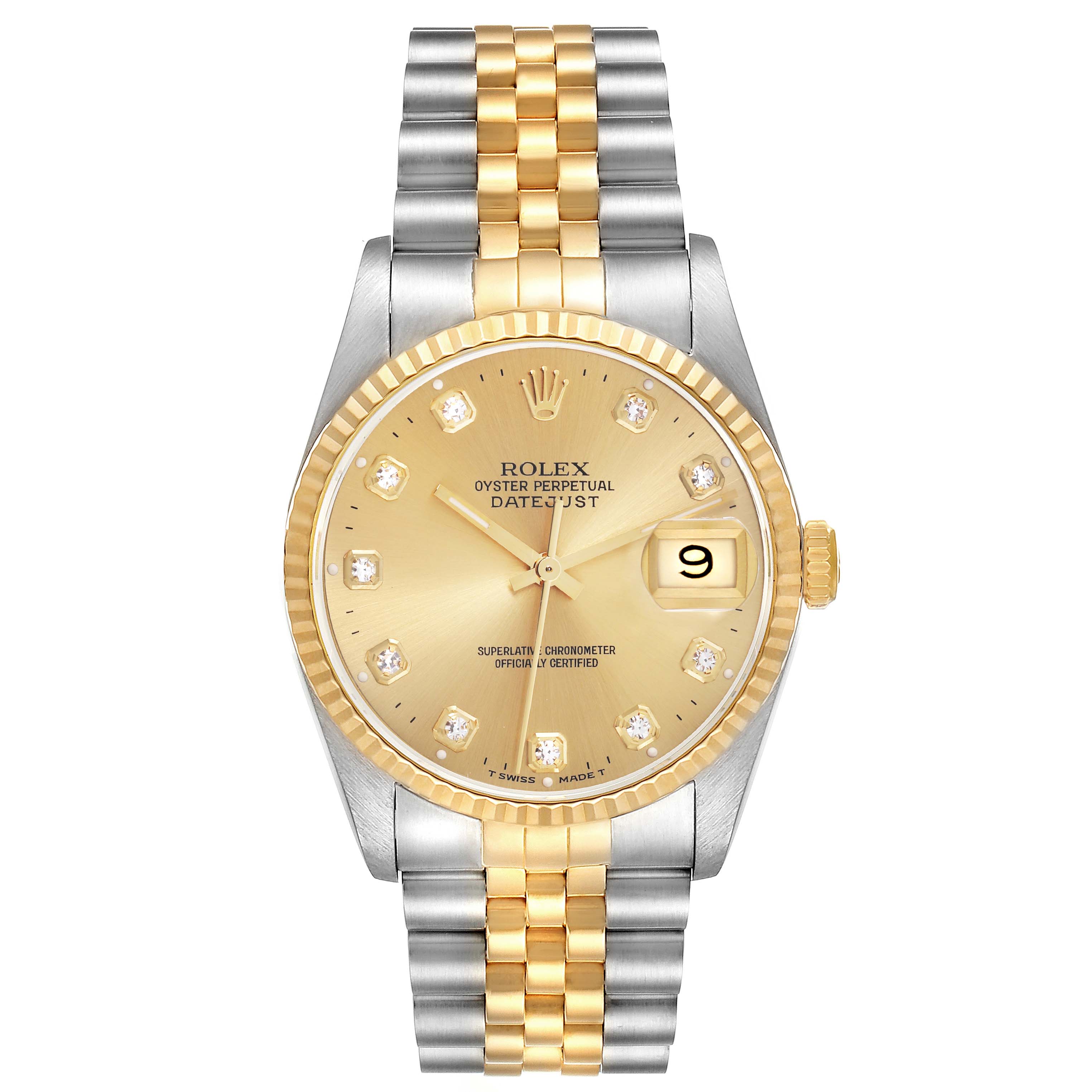 The Rolex Datejust 16233 Men
s Steel and Gold (two tone) Champagne Dial 16233 Men
s Steel and Gold (two tone) Champagne Dial watch is shown from a top-down angle, featuring its face, dial, bezel, and two-tone bracelet.