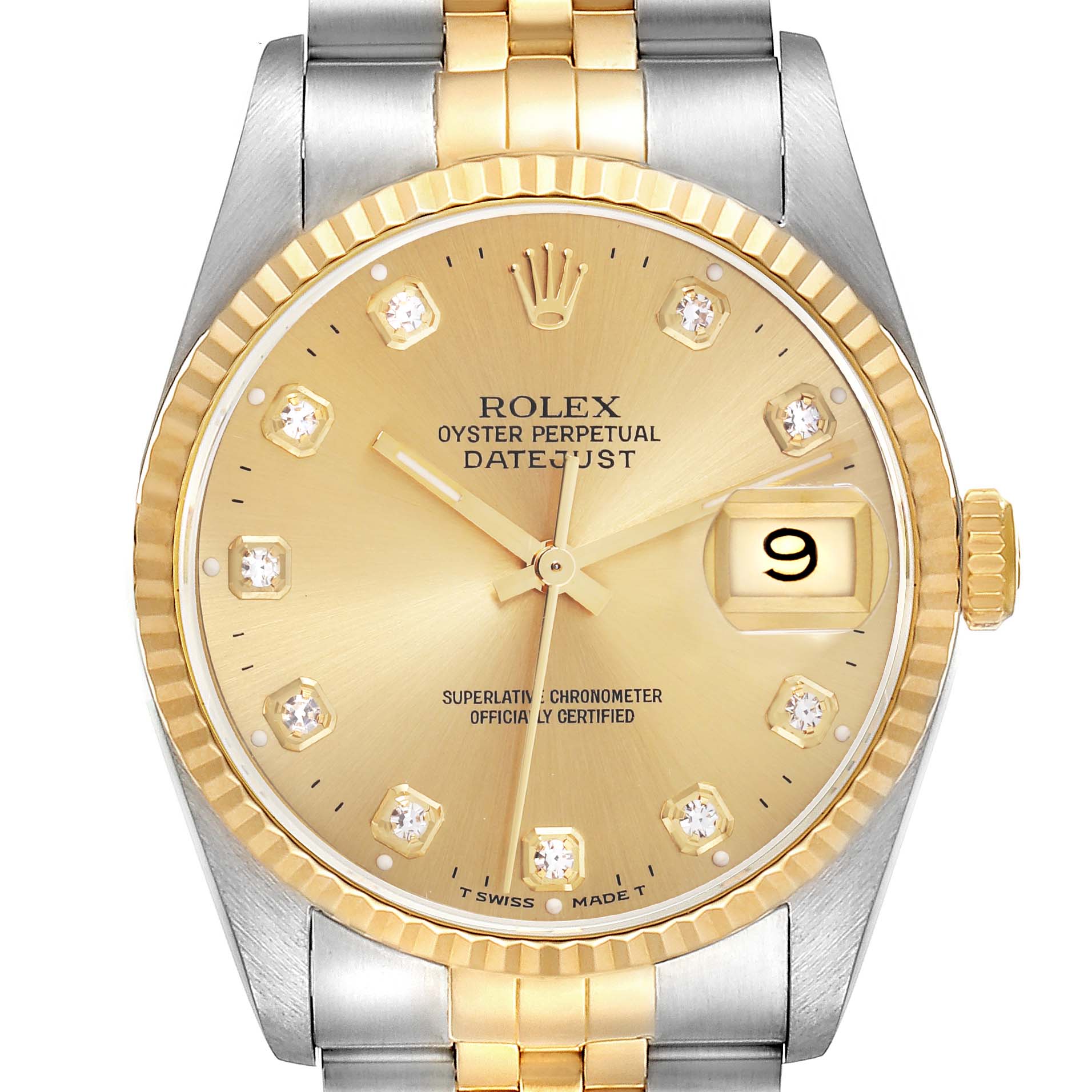The Rolex Datejust 16233 Men
s Steel and Gold (two tone) Champagne Dial 16233 Men
s Steel and Gold (two tone) Champagne Dial watch is shown front-facing, displaying the gold dial, fluted bezel, date window, and Oyster bracelet.