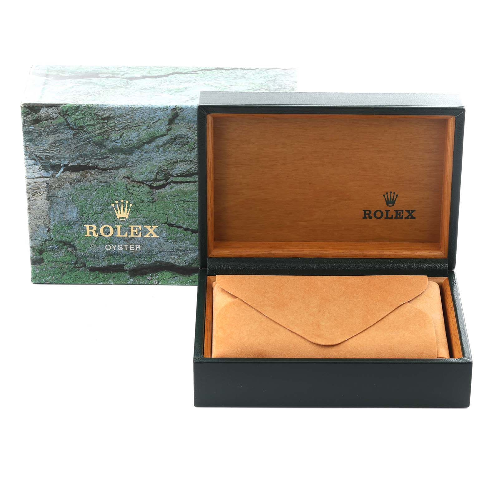 The image shows a Rolex Datejust 16233 Men
s Steel and Gold (two tone) Champagne Dial 16233 Men
s Steel and Gold (two tone) Champagne Dial packaging box, with the outer box and open inner wooden case.