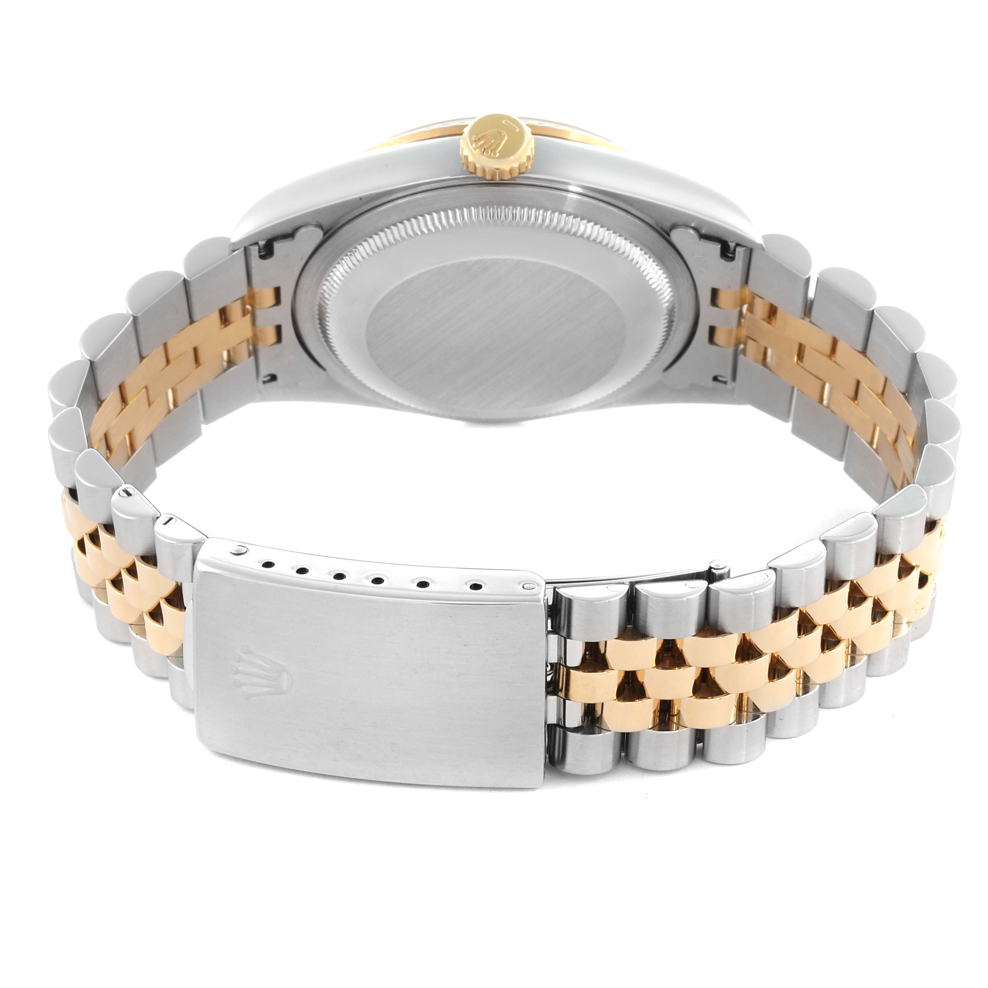 The Rolex Datejust 16233 Men
s Steel and Gold (two tone) Champagne Dial 16233 Men
s Steel and Gold (two tone) Champagne Dial watch is shown from the back, highlighting its case, crown, and two-tone Jubilee bracelet.