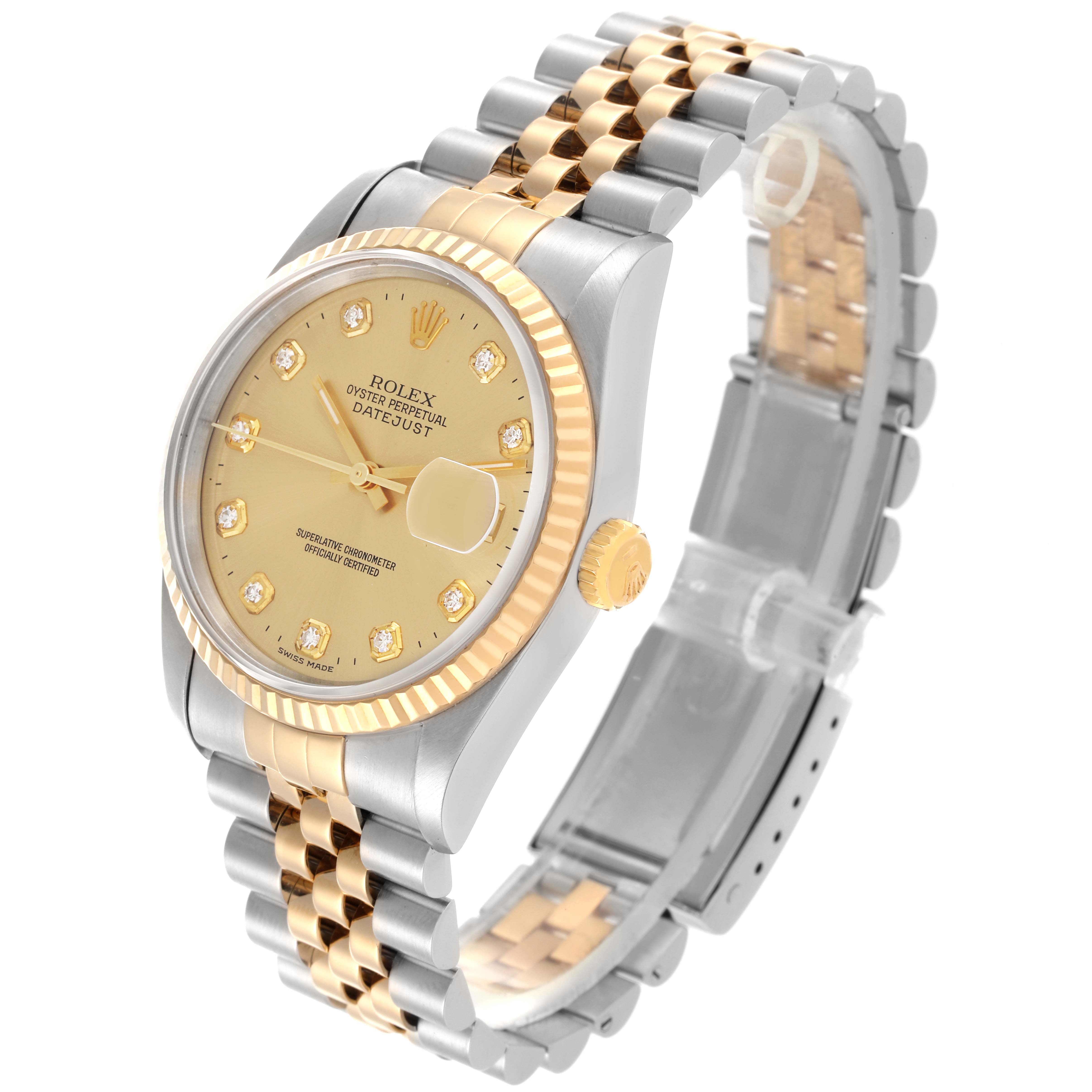 The Rolex Datejust 16233 Men
s Steel and Gold (two tone) Champagne Dial 16233 Men
s Steel and Gold (two tone) Champagne Dial watch is shown at a three-quarter angle, displaying the dial, bezel, crown, and bracelet.