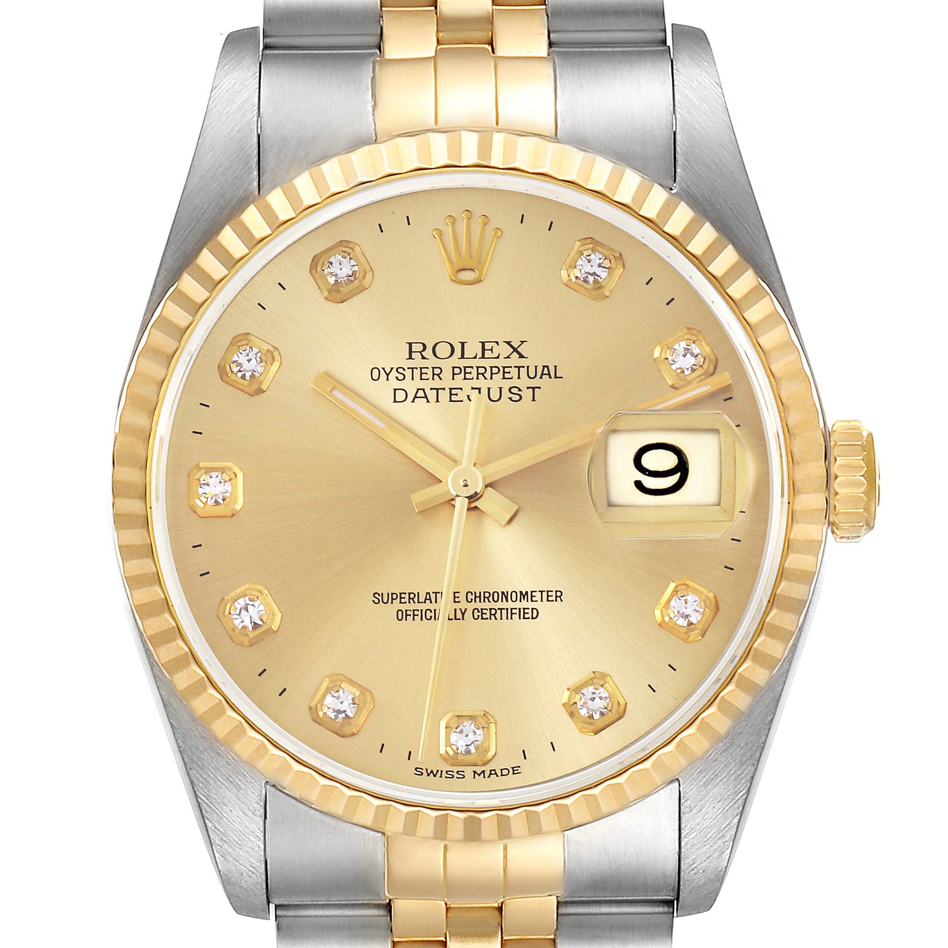 The Rolex Datejust 16233 Men
s Steel and Gold (two tone) Champagne Dial 16233 Men
s Steel and Gold (two tone) Champagne Dial watch is shown from the front, displaying the dial, fluted bezel, and part of the bracelet.