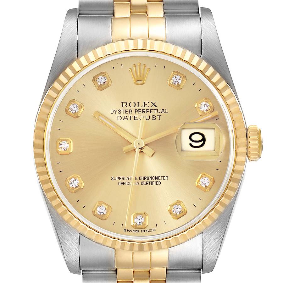 The Rolex Datejust watch is shown from the front, displaying the dial, fluted bezel, and part of the bracelet.