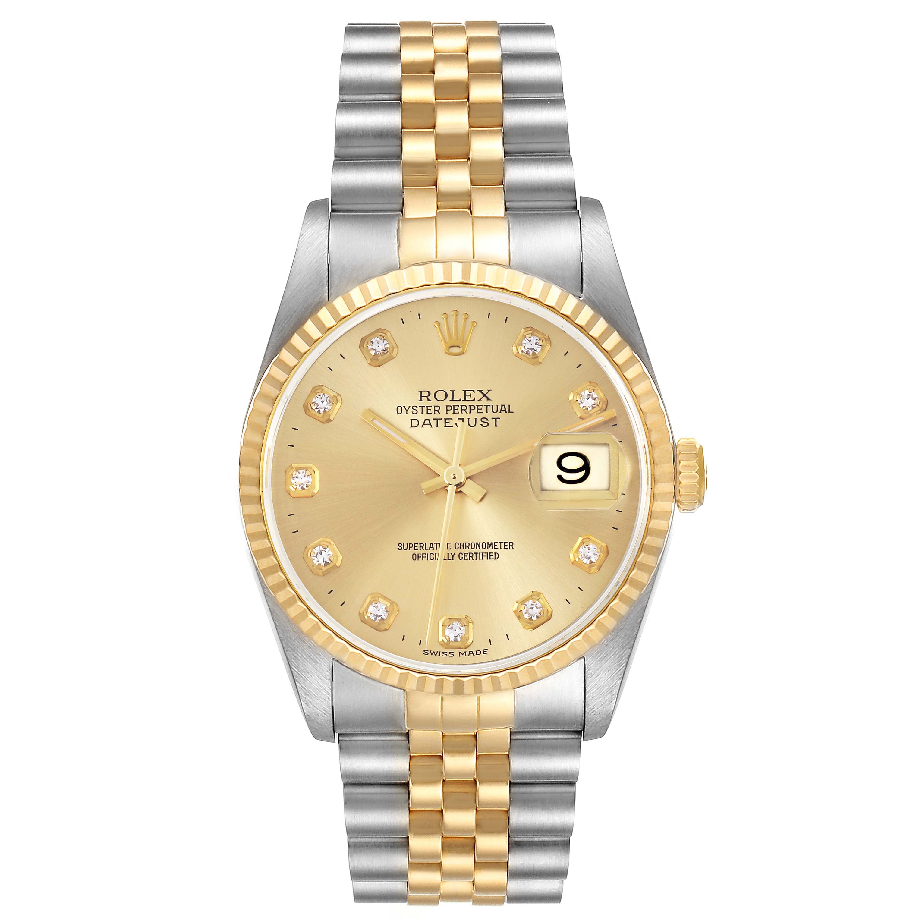 The Rolex Datejust 16233 Men
s Steel and Gold (two tone) Champagne Dial 16233 Men
s Steel and Gold (two tone) Champagne Dial watch is shown from the front, displaying the dial, bezel, crown, and part of the bracelet.