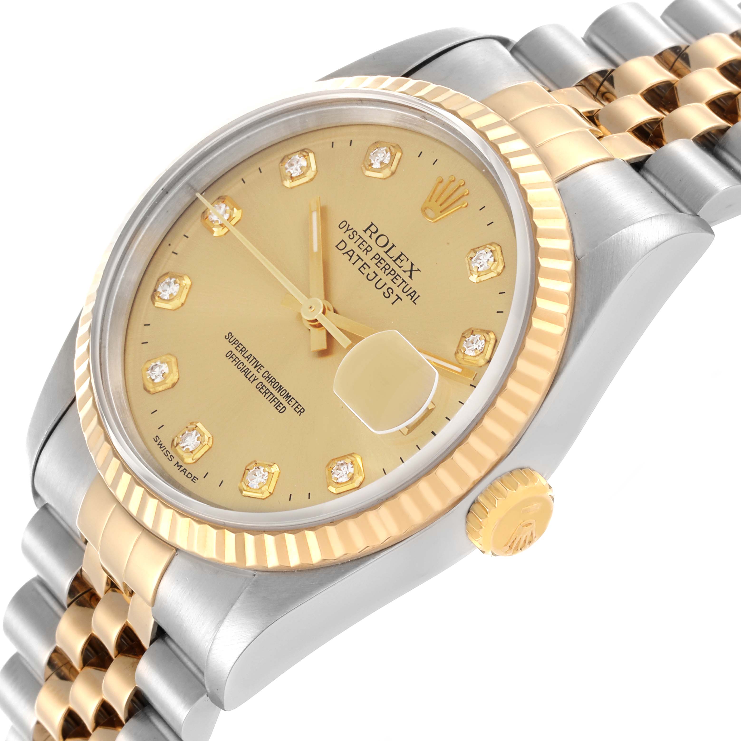 The Rolex Datejust 16233 Men
s Steel and Gold (two tone) Champagne Dial 16233 Men
s Steel and Gold (two tone) Champagne Dial is shown at a side angle, displaying the dial, bezel, crown, and part of the bracelet.