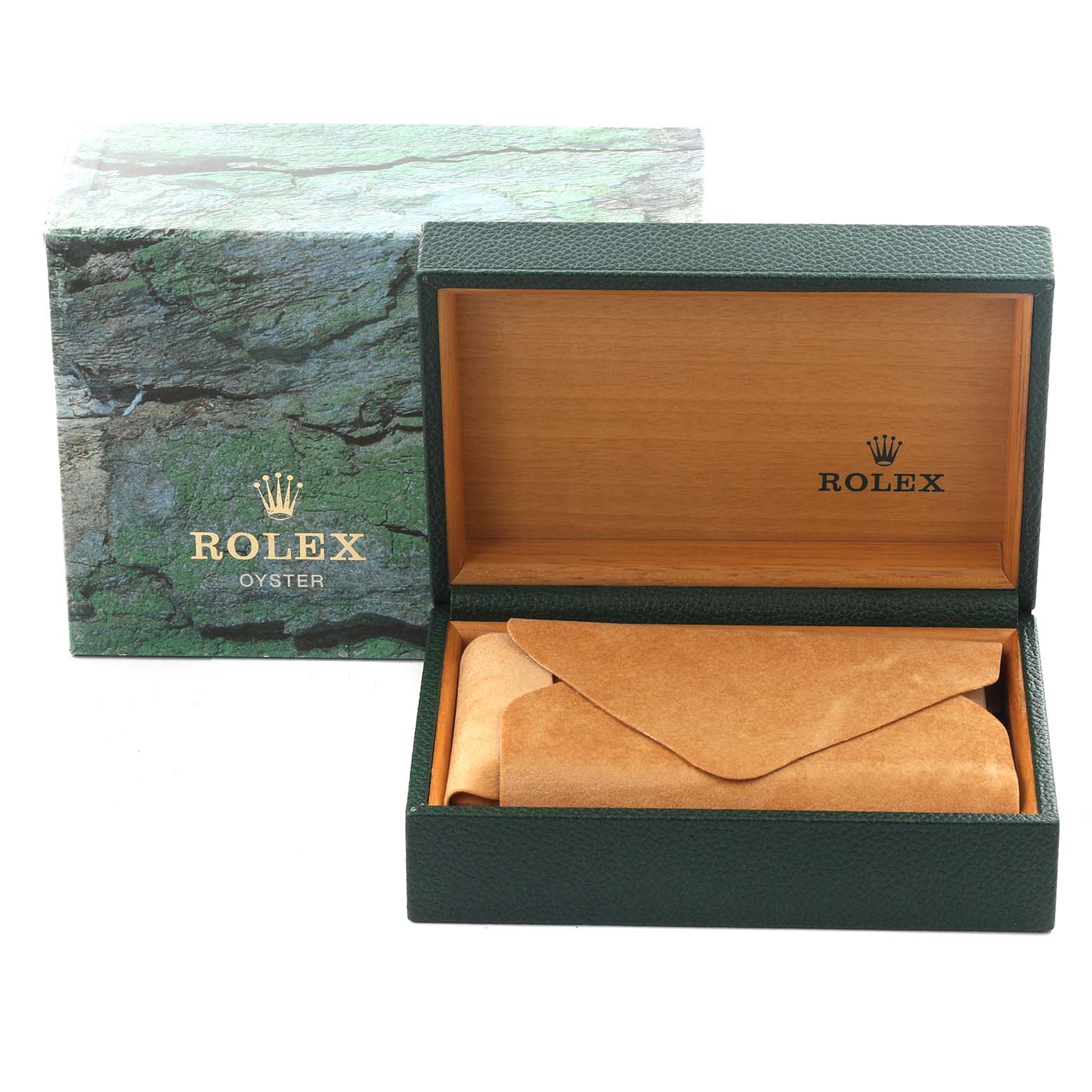 The image shows a Rolex Datejust 16233 Men
s Steel and Gold (two tone) Champagne Dial 16233 Men
s Steel and Gold (two tone) Champagne Dial packaging box, partially open, with a protective pouch inside.