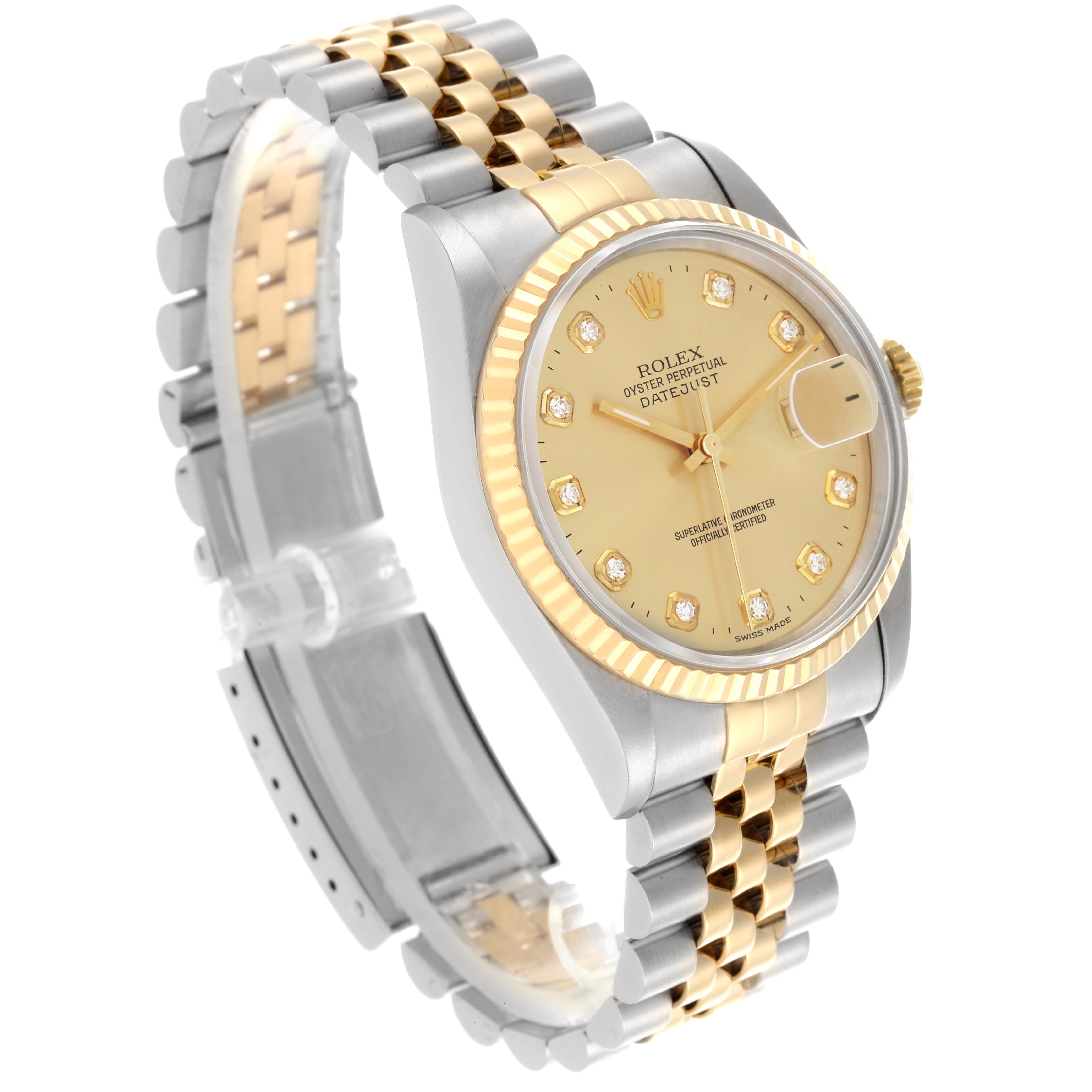 The Rolex Datejust 16233 Men
s Steel and Gold (two tone) Champagne Dial 16233 Men
s Steel and Gold (two tone) Champagne Dial watch is shown at a slightly elevated angle, showcasing the gold and silver jubilee bracelet and diamond dial.