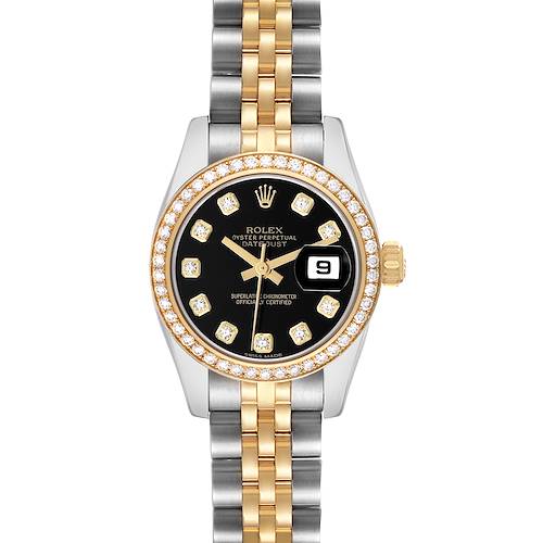 The Rolex Datejust 179383 Women's Stainless Steel Black Dial watch is shown from a top-down angle displaying the dial, bezel, and bracelet.